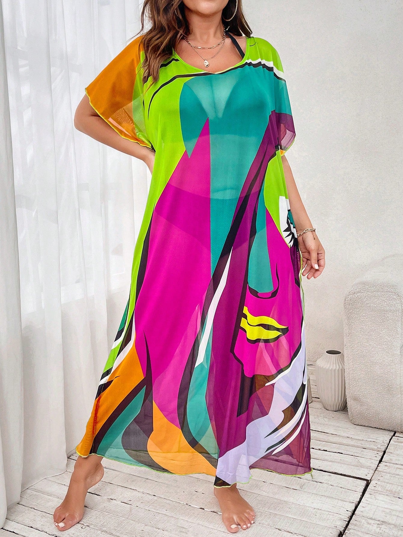 Swim Curve Plus Size Women Colorful Short Sleeve Cover Up