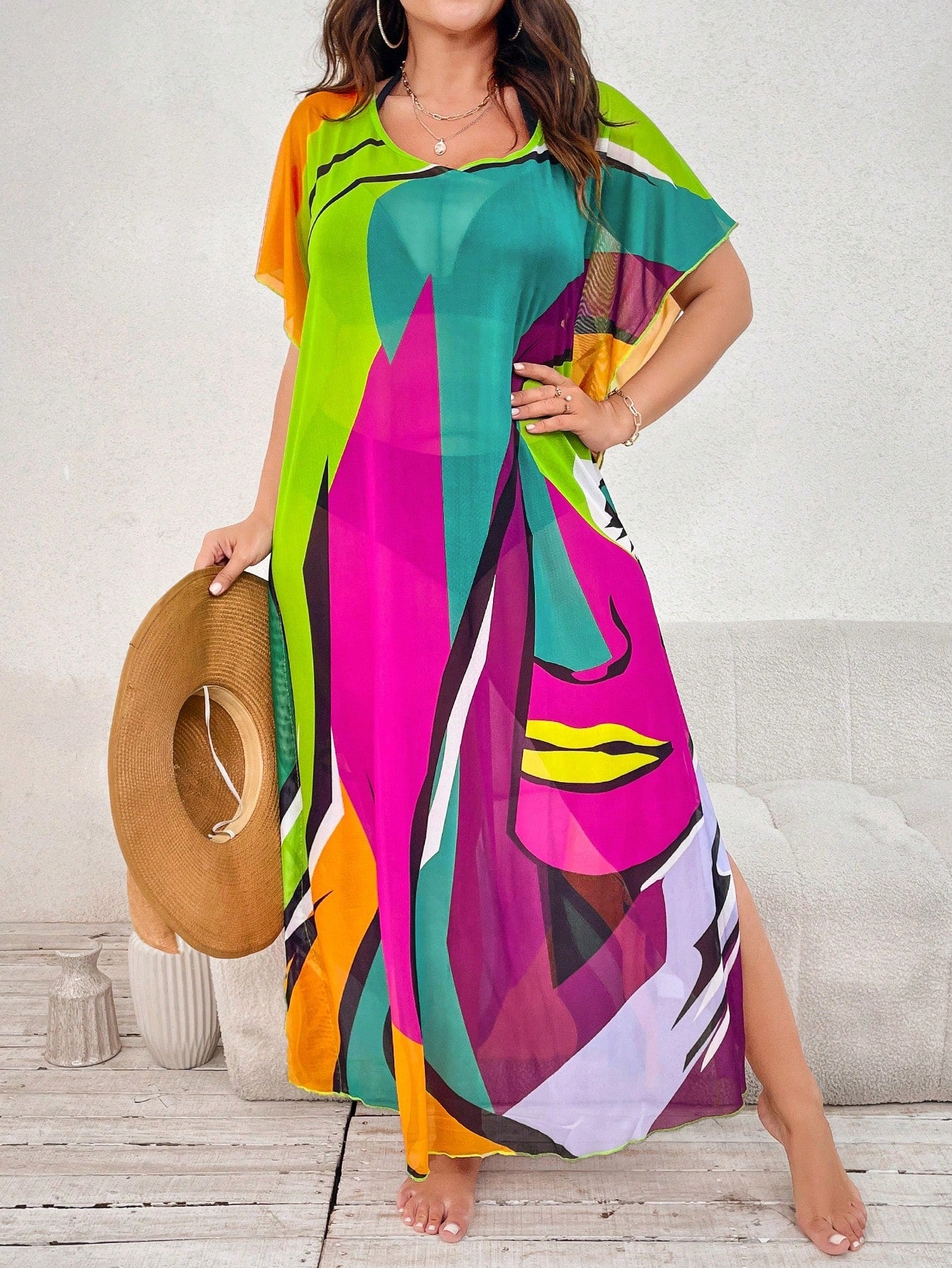 Swim Curve Plus Size Women Colorful Short Sleeve Cover Up