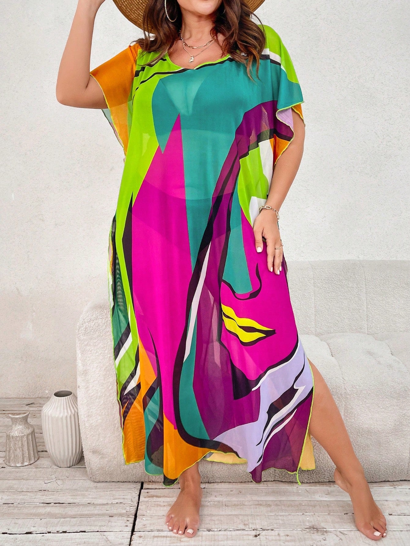 Swim Curve Plus Size Women Colorful Short Sleeve Cover Up