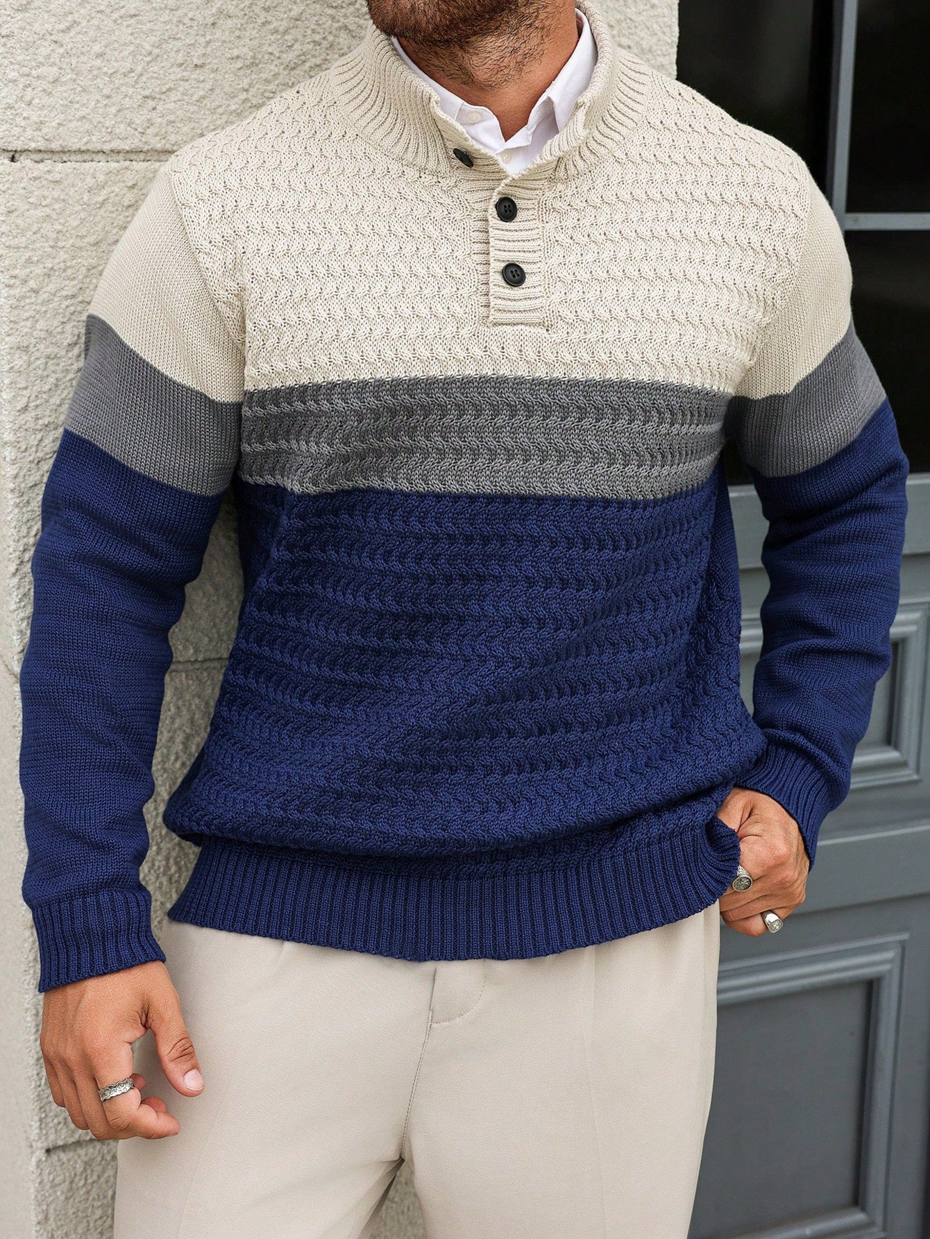 Manfinity Homme Plus Size Men Contrast-Color Button Casual Knit Sweater