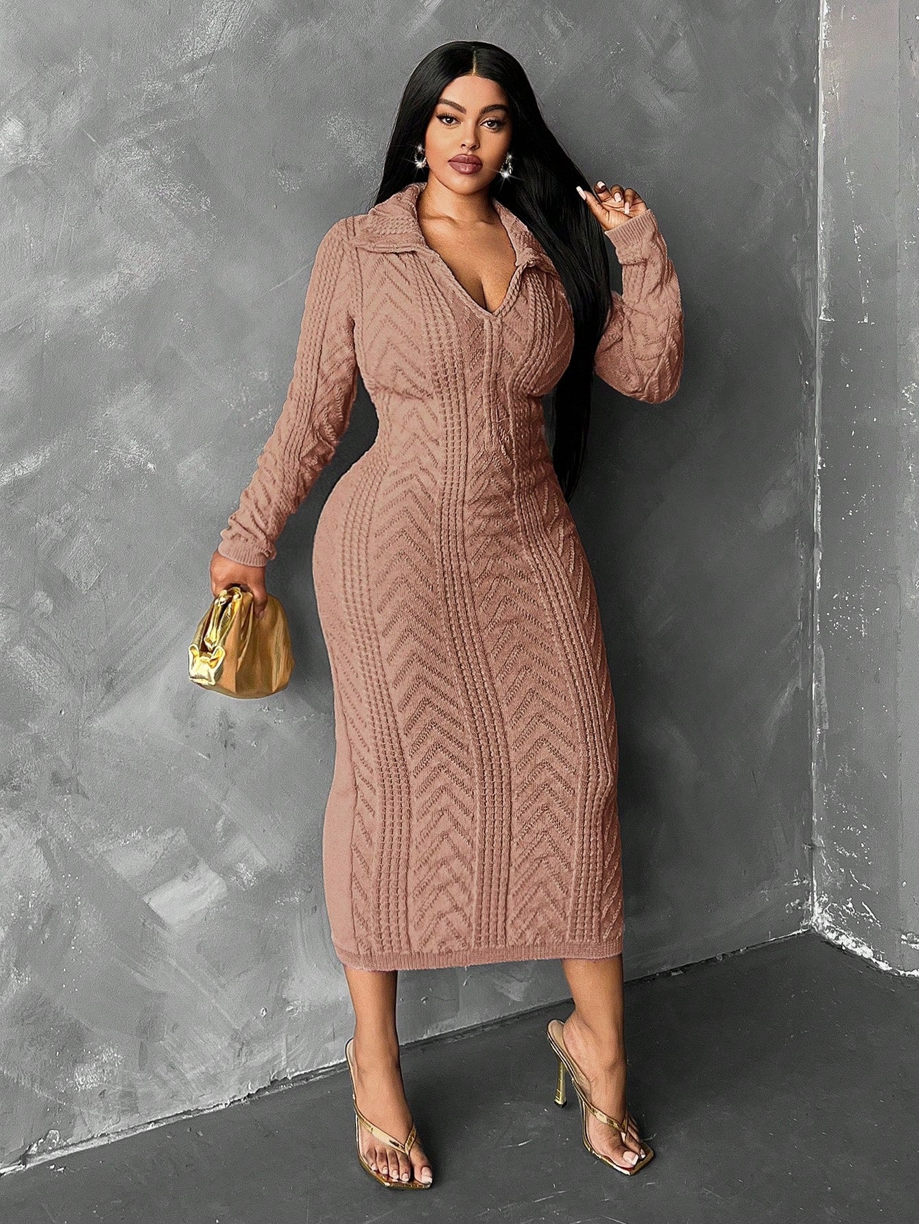 Plus Size Solid Color Elegant Long Sleeve Dress, For Winter