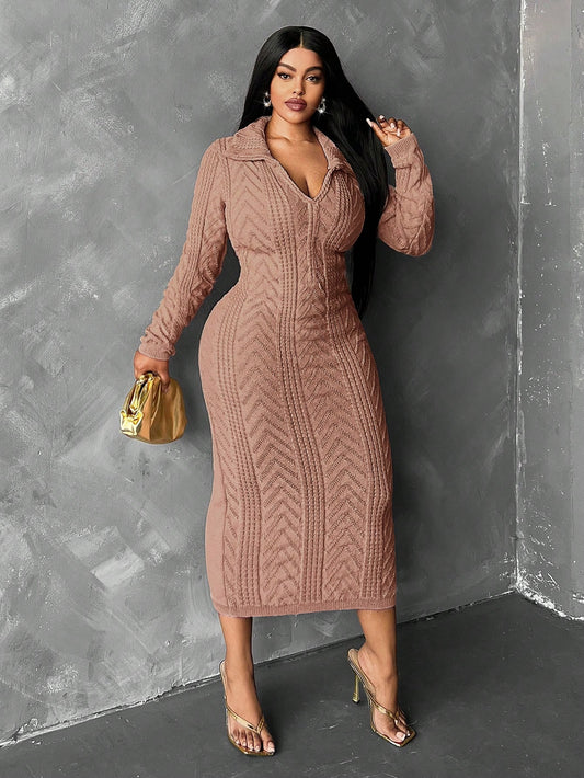 Plus Size Solid Color Elegant Long Sleeve Dress, For Winter