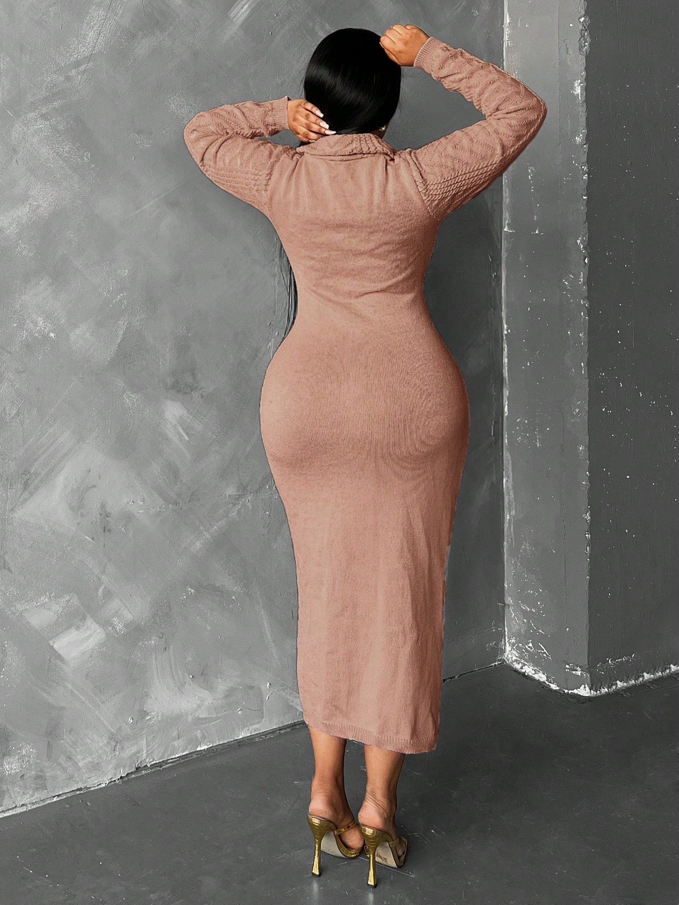 Plus Size Solid Color Elegant Long Sleeve Dress, For Winter