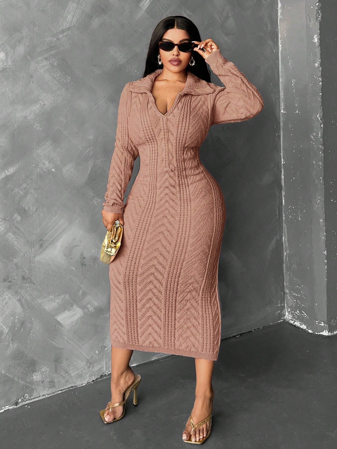 Plus Size Solid Color Elegant Long Sleeve Dress, For Winter