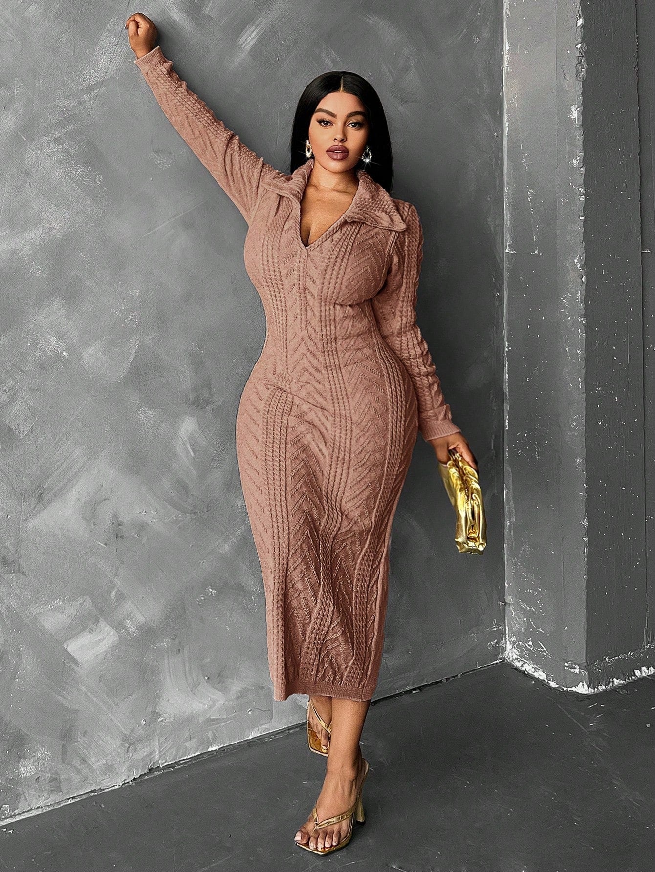 Plus Size Solid Color Elegant Long Sleeve Dress, For Winter