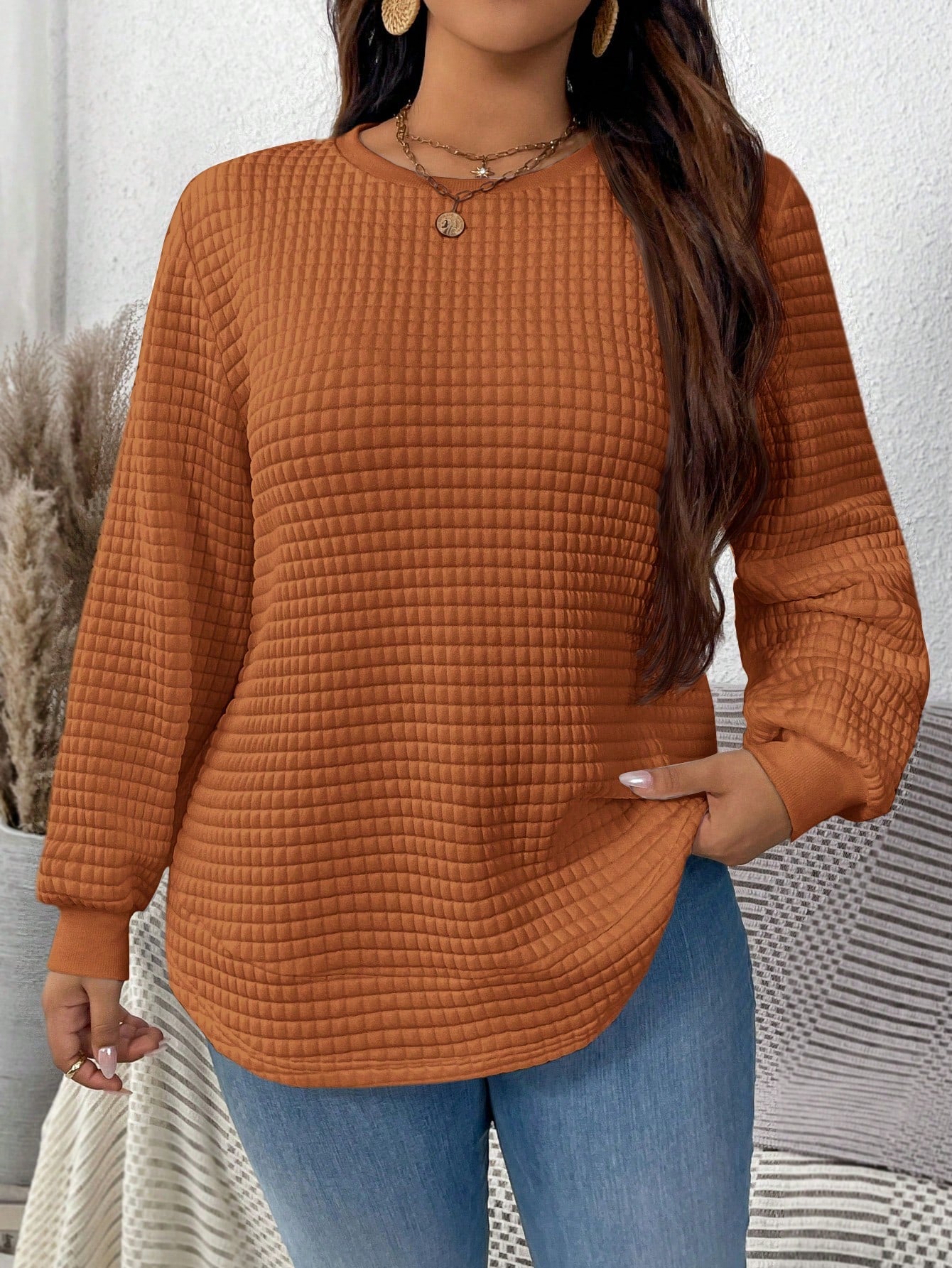 Plus Size Solid Color Round Neck Long Sleeve Simple Casual Top, Everyday Wear