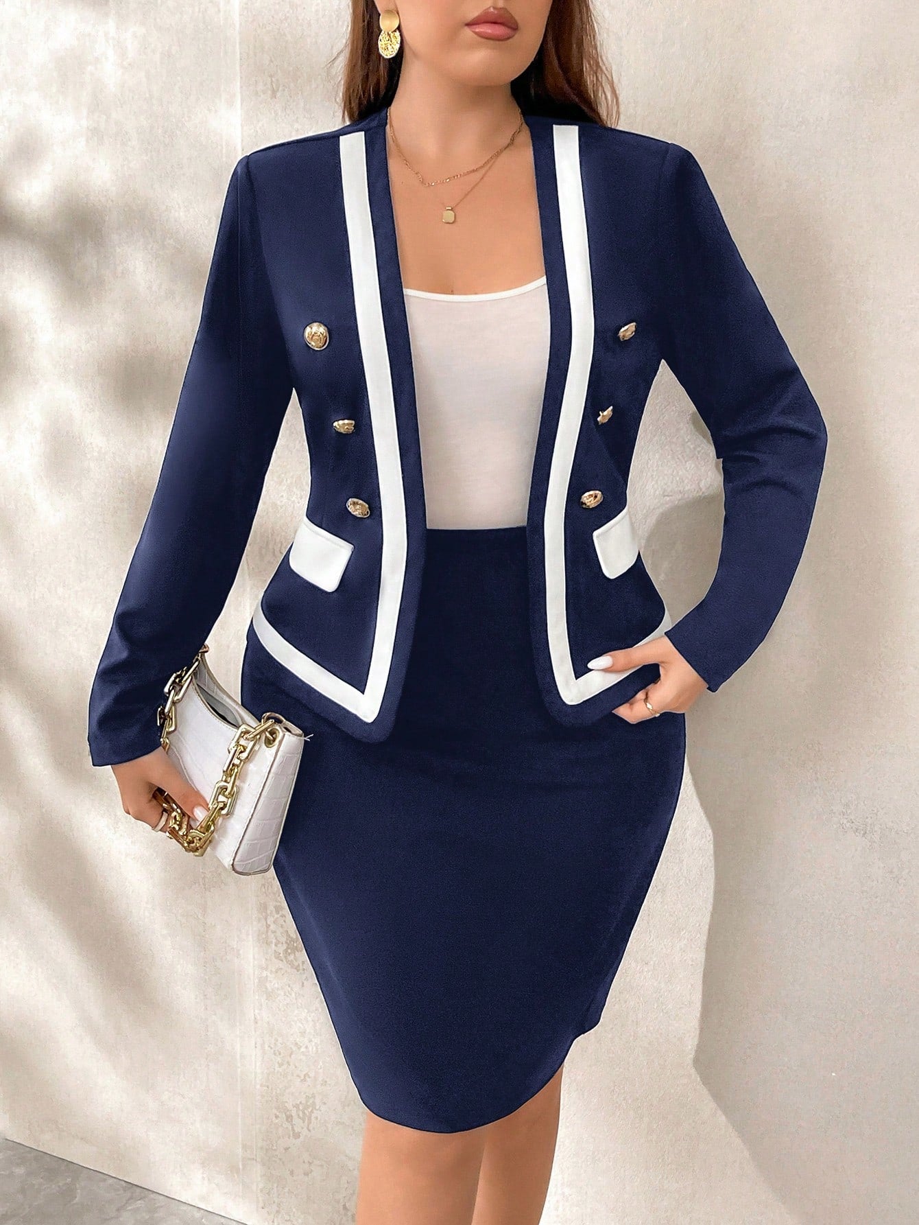 Clasi 2pcs Black & White Contrast Blazer Set For Plus Size Women, Elegant Office Wear