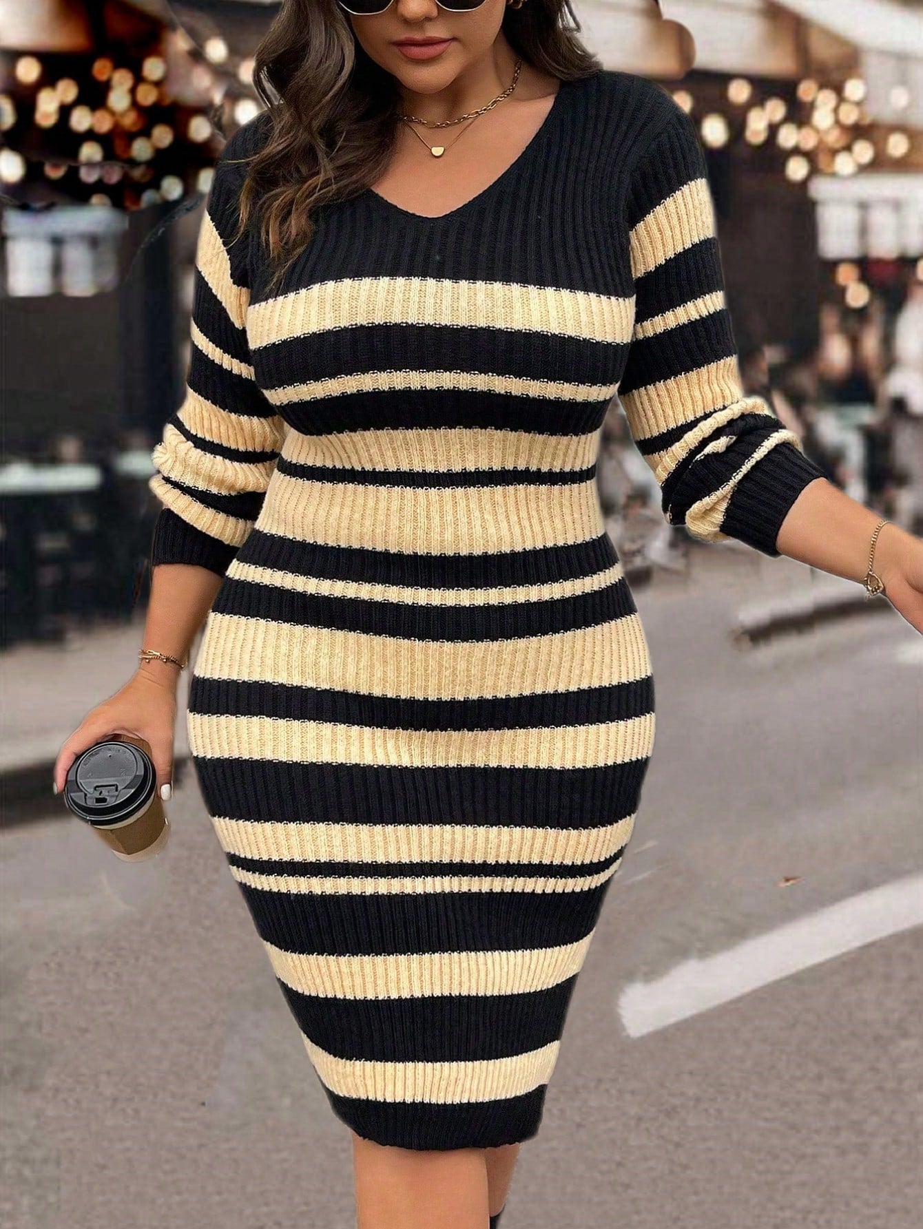 Plus Size Casual Minimalist Fashion Knitted Sweater Dress, Suitable For Everyday Wear, For Winter