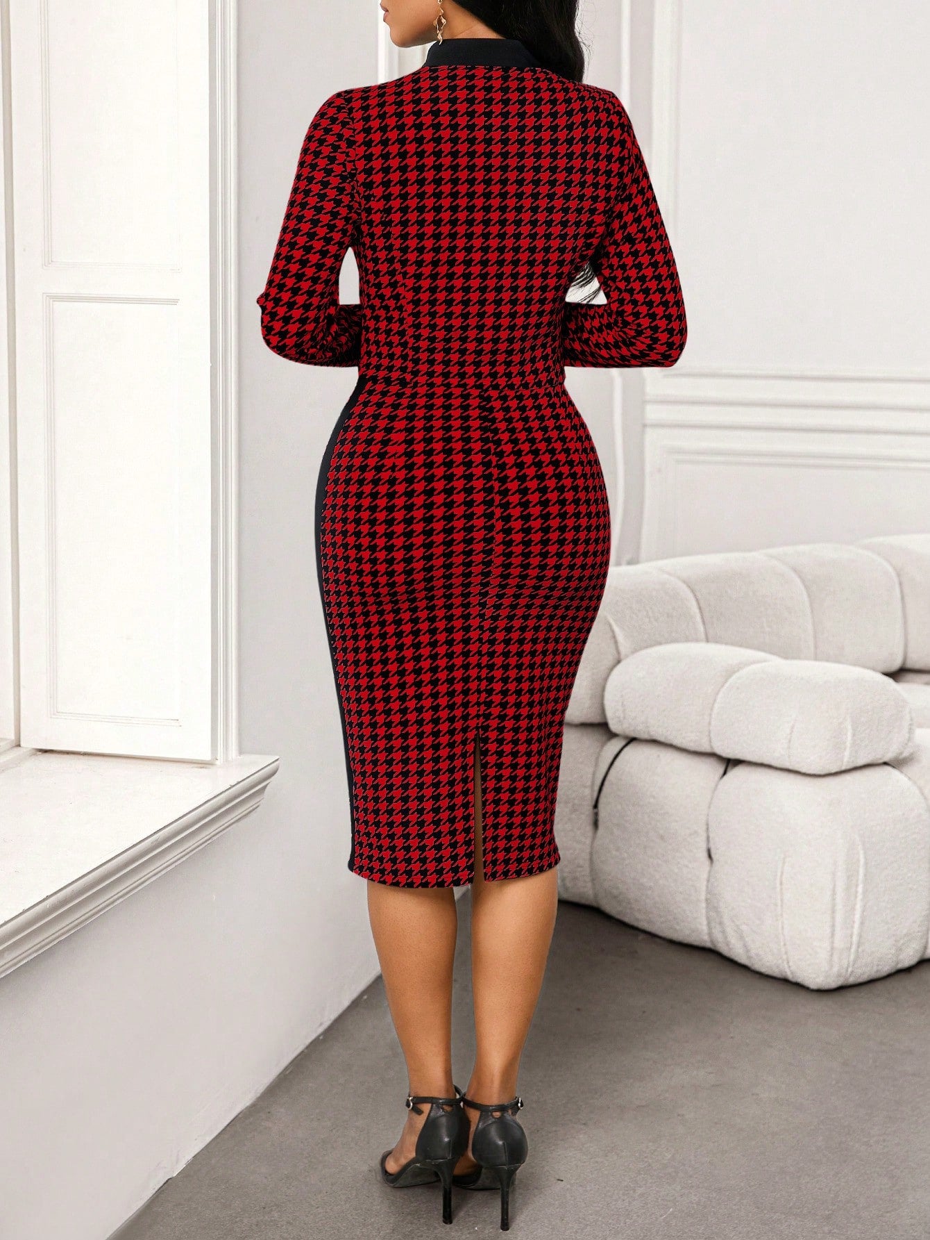 Lady 2pcs Checkered Pattern Cropped Jacket And Bodycon Dress Set For Ladies, Office/Party Wear