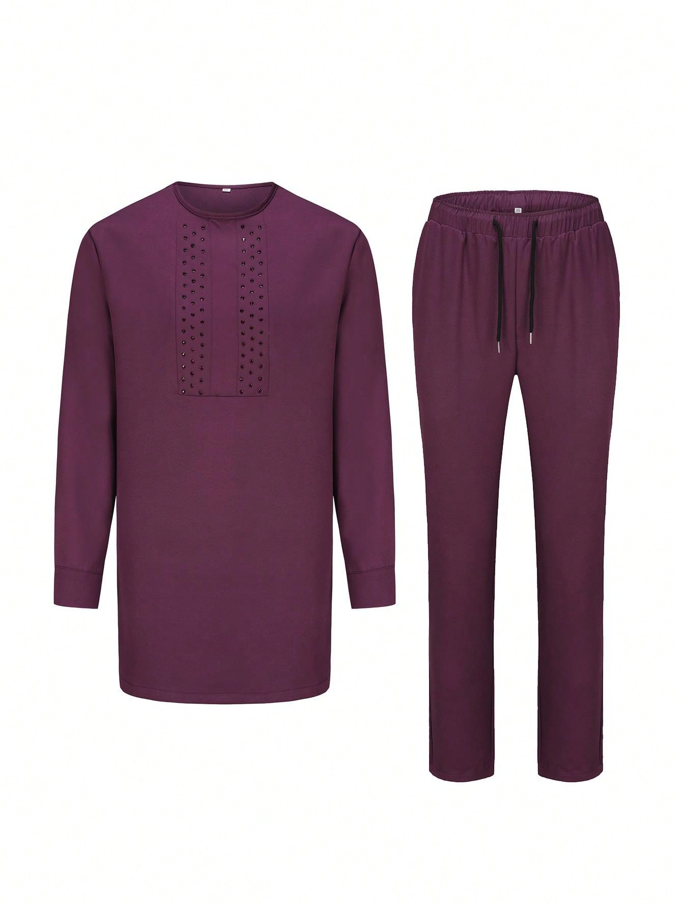 2-Piece Set: Men's African Beaded Long Sleeve Top And Pants, Traditional Retro Casual Outfit