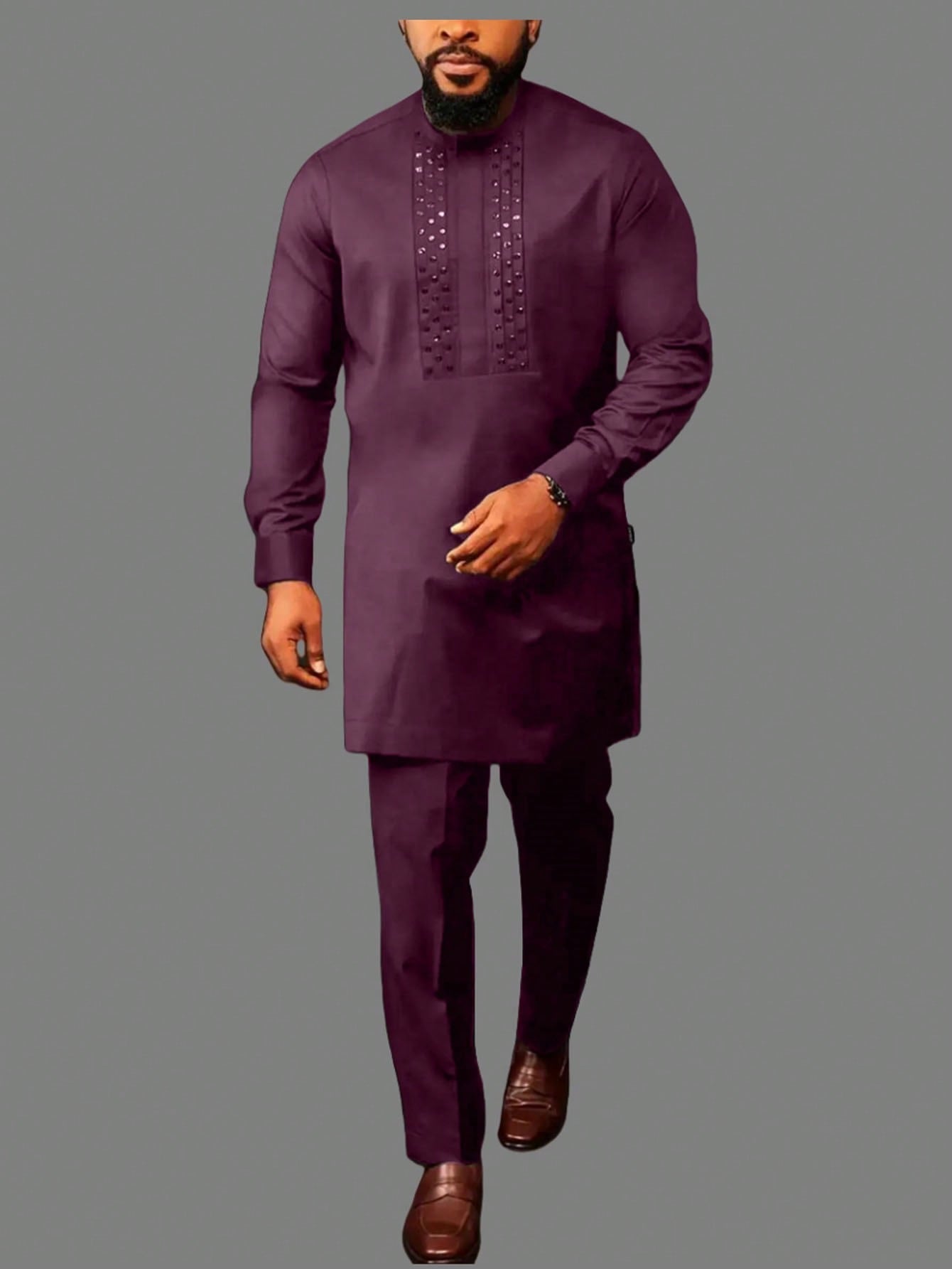 2-Piece Set: Men's African Beaded Long Sleeve Top And Pants, Traditional Retro Casual Outfit