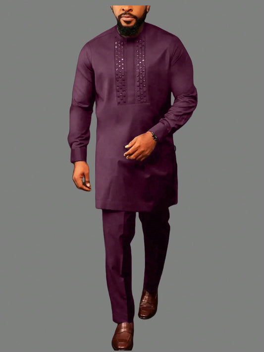 2-Piece Set: Men's African Beaded Long Sleeve Top And Pants, Traditional Retro Casual Outfit