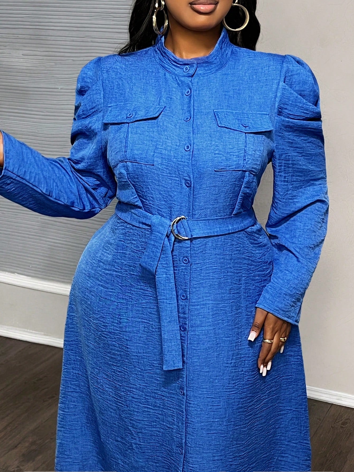 Plus Size Casual Commuting Collarless Puff Sleeves Long Sleeve Empire Waisted A-Line Midi Dress In Blue, Autumn