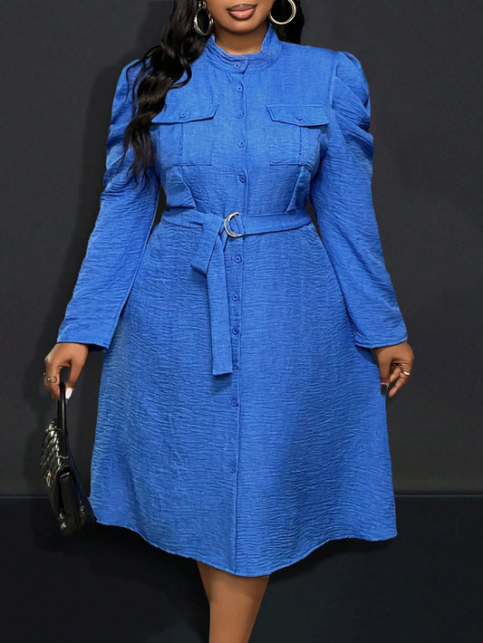 Plus Size Casual Commuting Collarless Puff Sleeves Long Sleeve Empire Waisted A-Line Midi Dress In Blue, Autumn