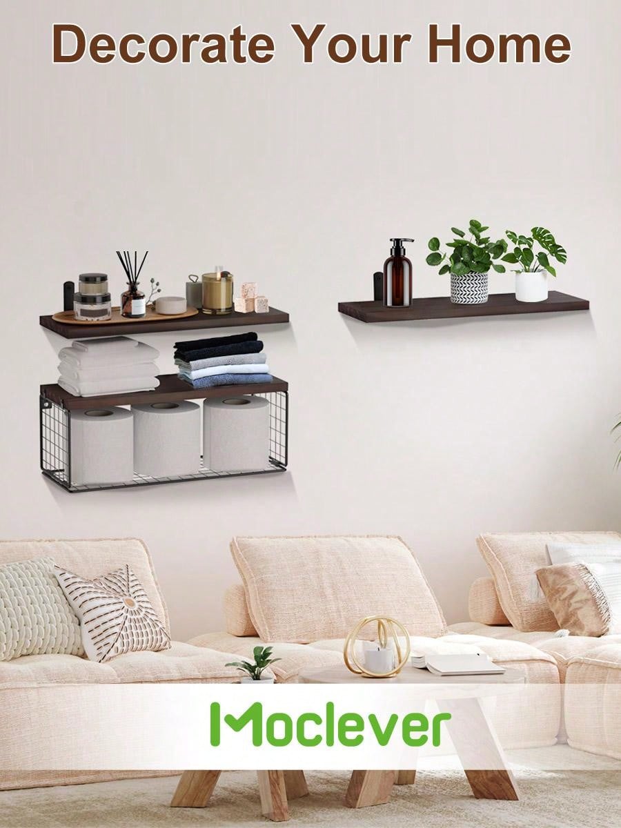 Moclever Moclever 1Pc 2 In 1 Wall Floating Shelves Wall Mounted Storage Basket Bathroom Shelves Over The Toilet Wooden Shelves For Bedroom Living Room Kitchen Office Wall Decor Plants For Decoration Home Bathroom Decor