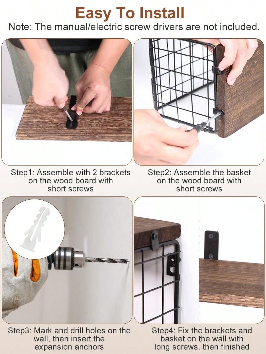 Moclever Moclever 1Pc 2 In 1 Wall Floating Shelves Wall Mounted Storage Basket Bathroom Shelves Over The Toilet Wooden Shelves For Bedroom Living Room Kitchen Office Wall Decor Plants For Decoration Home Bathroom Decor