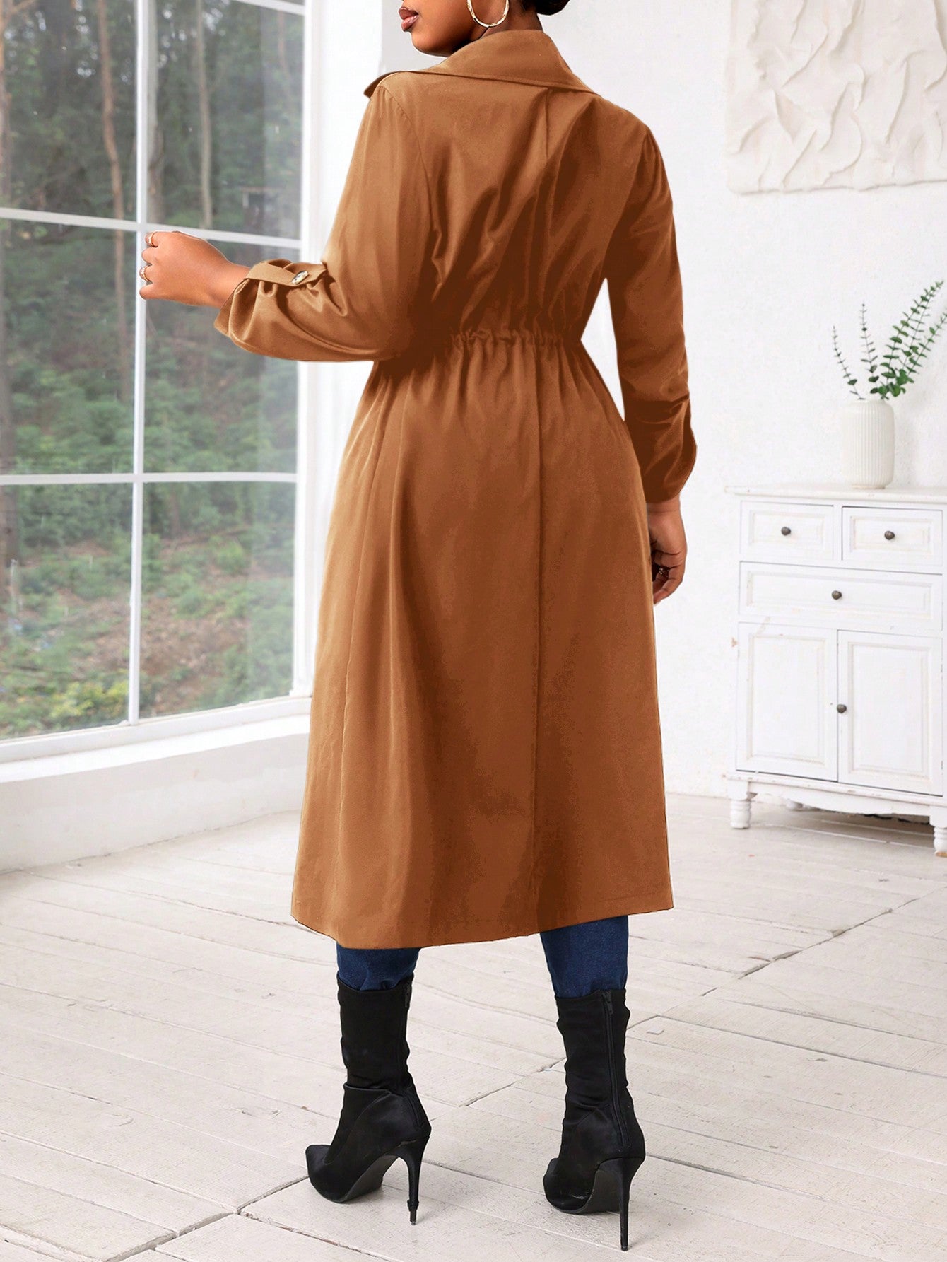 Lady Autumn And Winter Casual Black Woven Waterfall Button Front Midi  Plus Size Trench Coats Women Coats Going Out Outfits