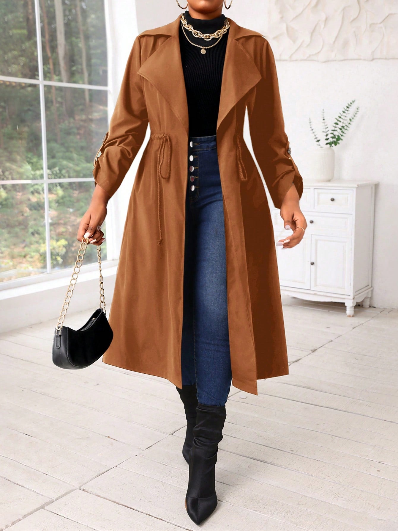 Lady Autumn And Winter Casual Black Woven Waterfall Button Front Midi  Plus Size Trench Coats Women Coats Going Out Outfits