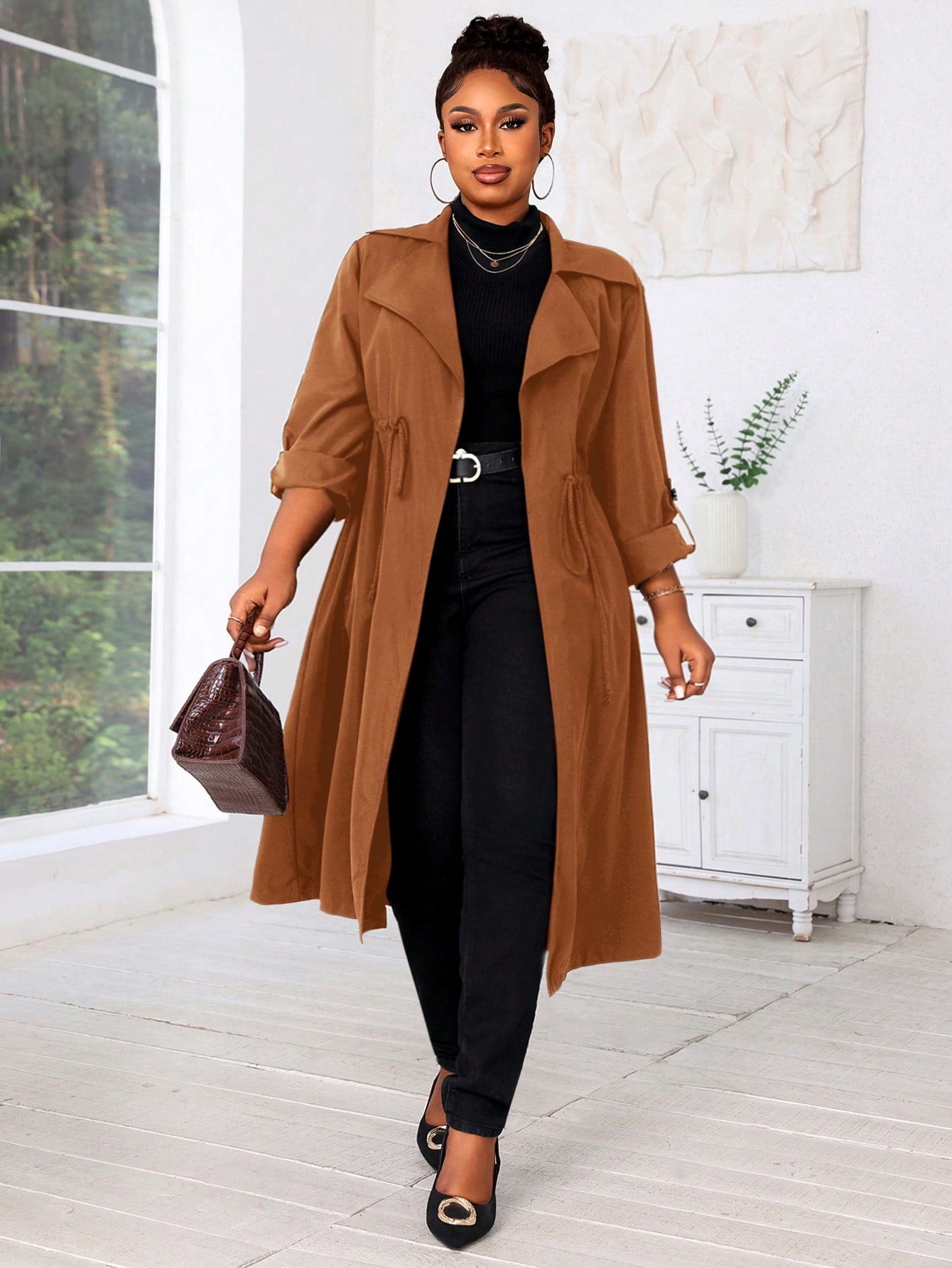 Lady Autumn And Winter Casual Black Woven Waterfall Button Front Midi  Plus Size Trench Coats Women Coats Going Out Outfits