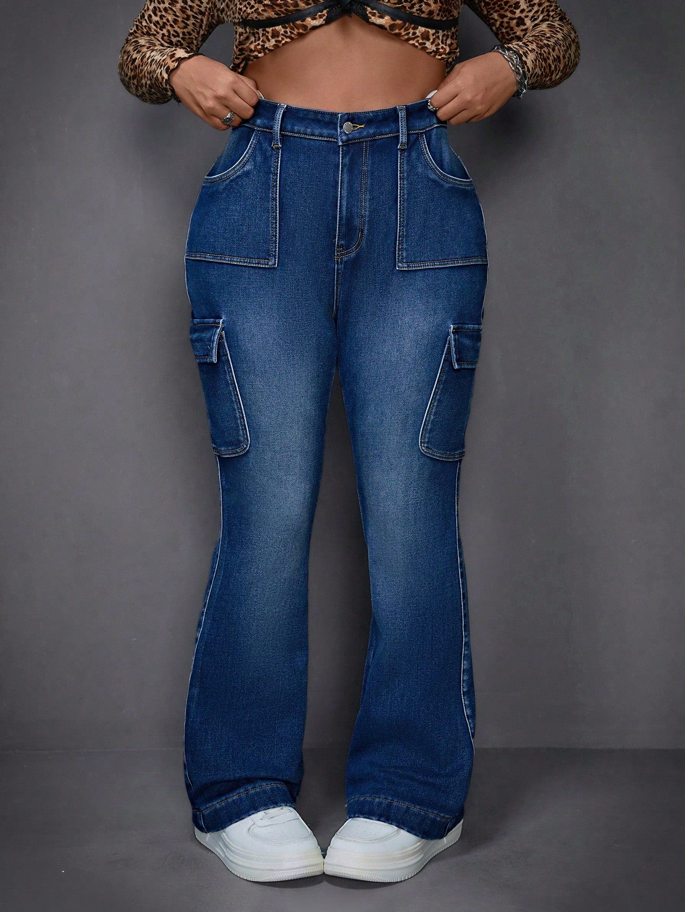 ICON Blue Plus Size Jeans Workwear Bell Bottoms Plus Velvet Lined For Added Warmth Thermal Denim