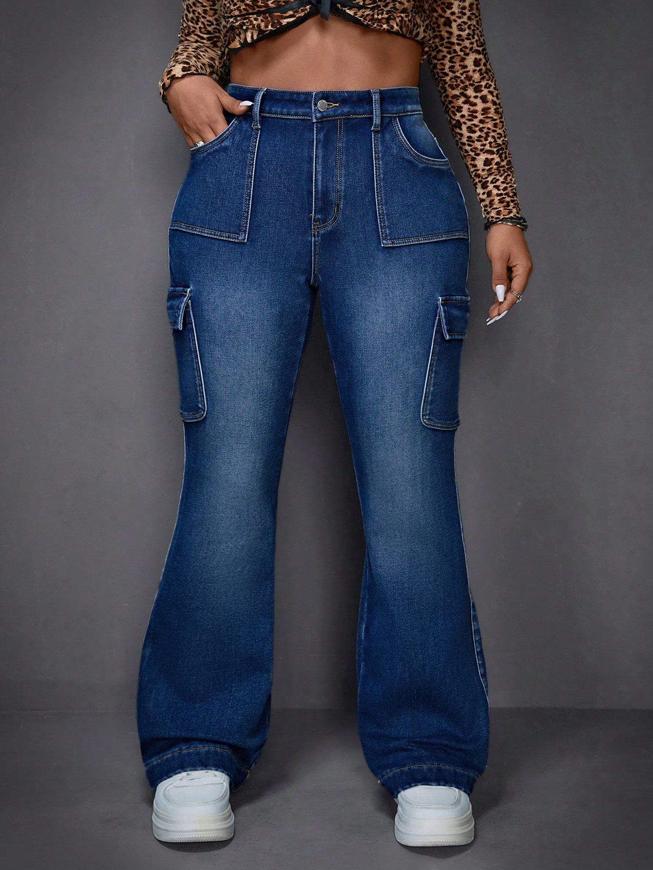 ICON Blue Plus Size Jeans Workwear Bell Bottoms Plus Velvet Lined For Added Warmth Thermal Denim