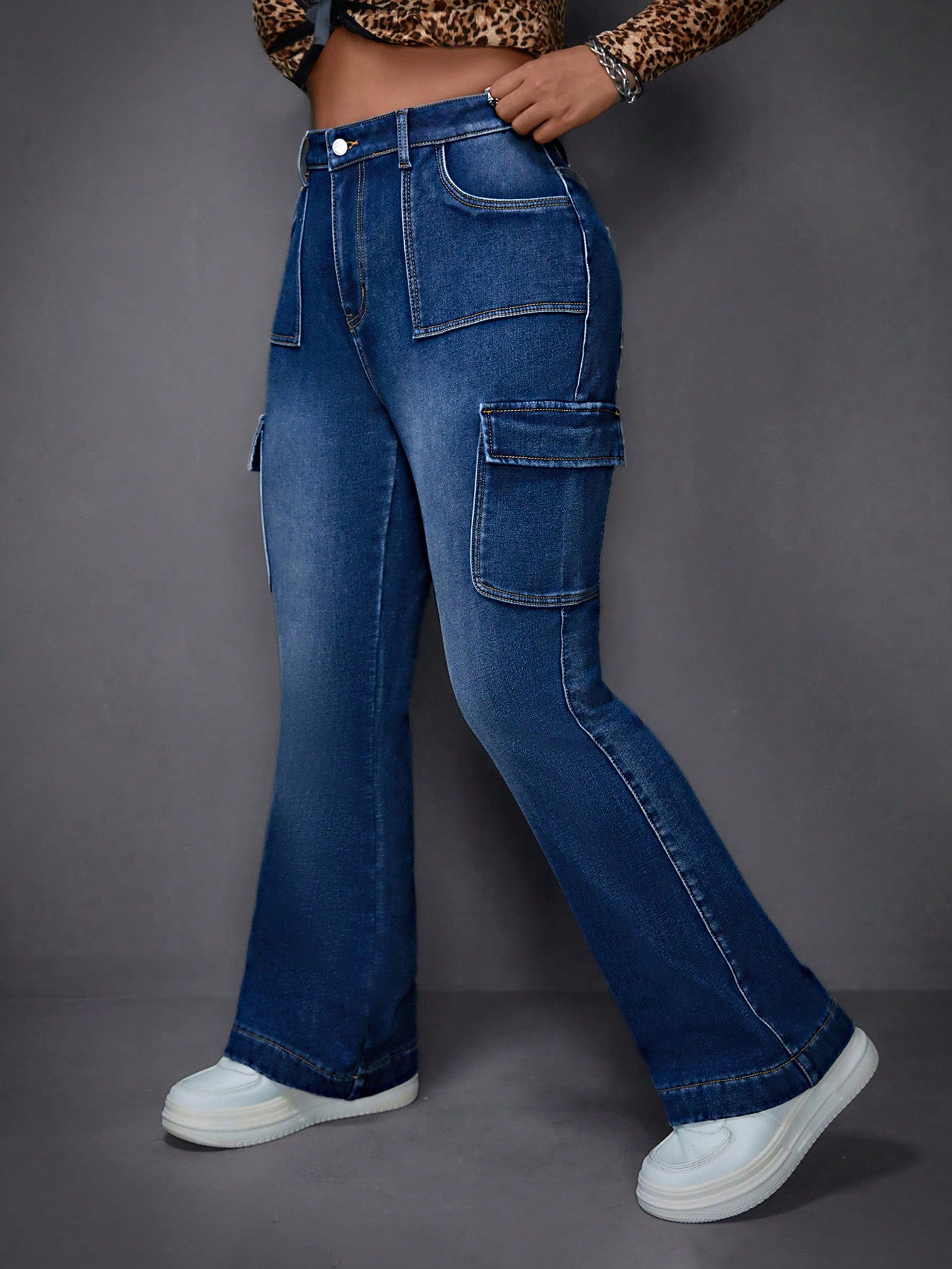 ICON Blue Plus Size Jeans Workwear Bell Bottoms Plus Velvet Lined For Added Warmth Thermal Denim