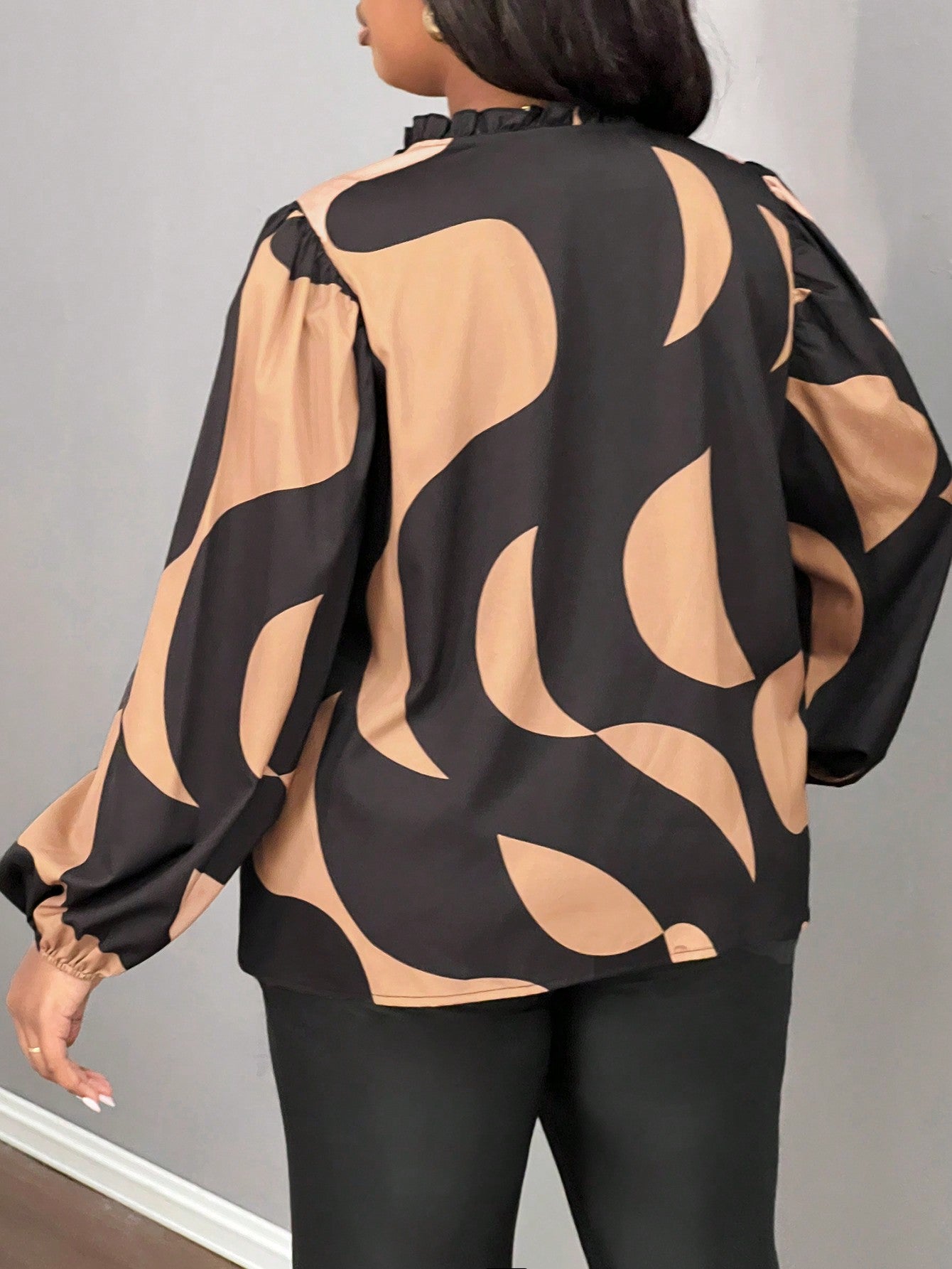 Slayr Plus Size Casual Commuter V-Neck Long Sleeve Loose Printed Blouse, Autumn