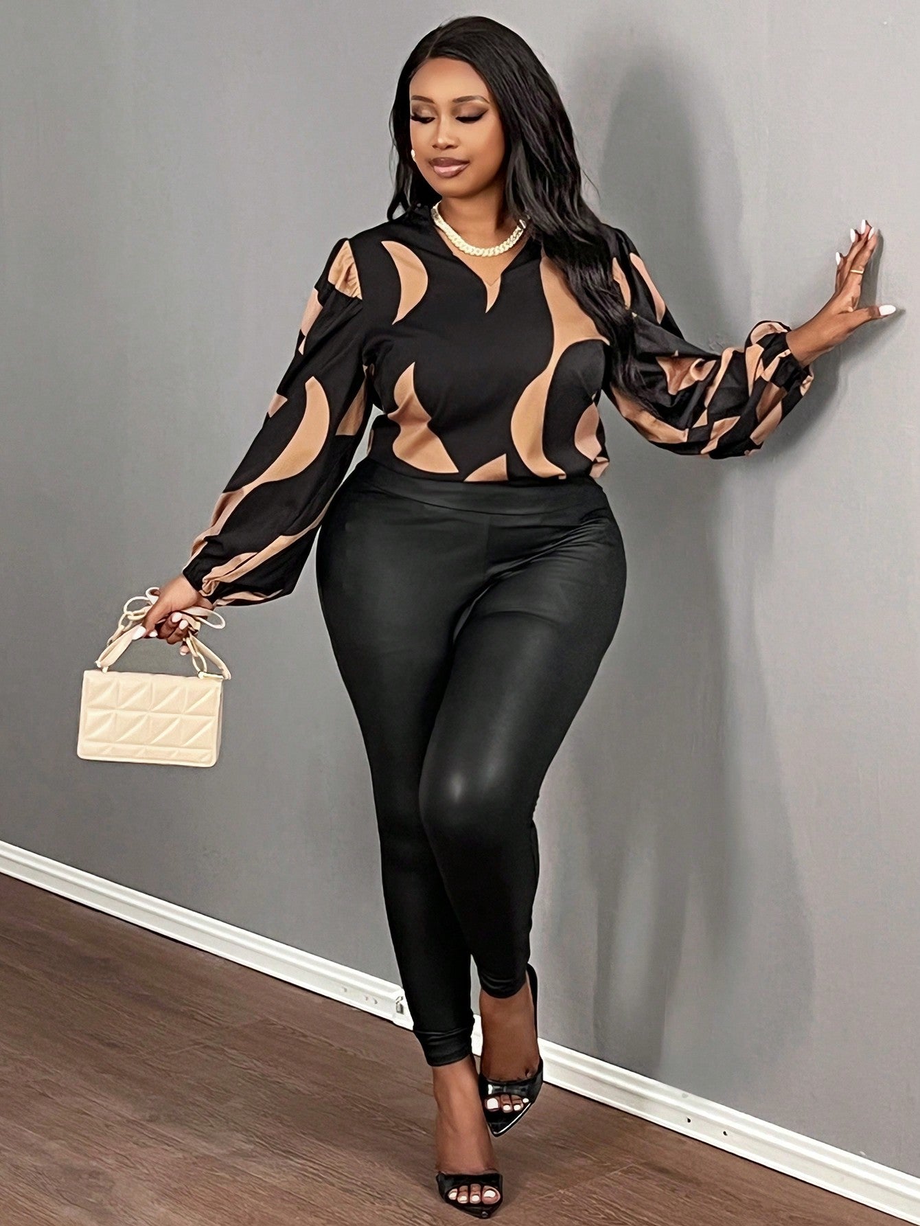 Slayr Plus Size Casual Commuter V-Neck Long Sleeve Loose Printed Blouse, Autumn