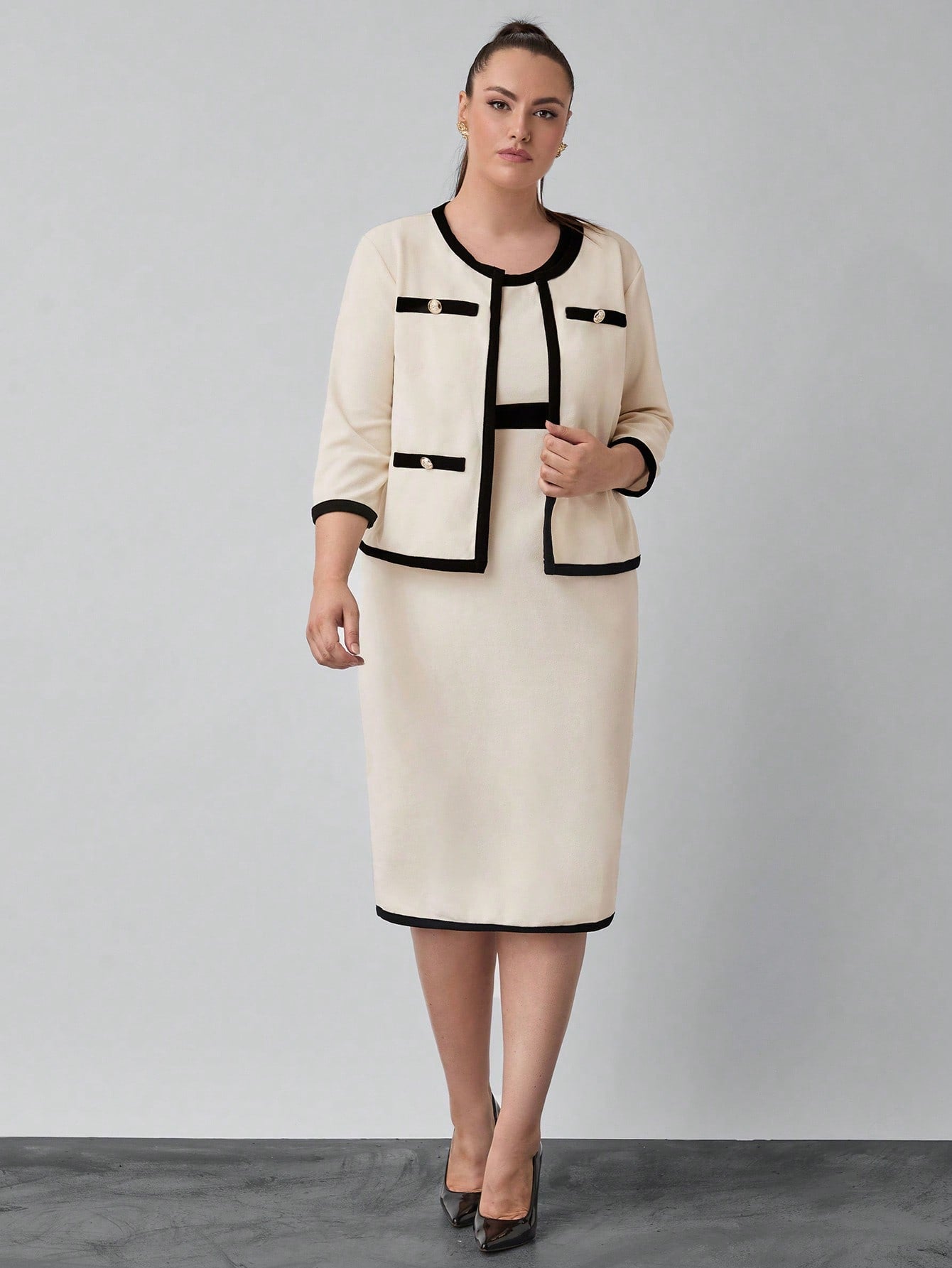 Clasi Apricot Crew Neck Casual Office Jacket, Sleeveless Bodycon Dress, Casual Office Teacher Plus Size 2pcs Set