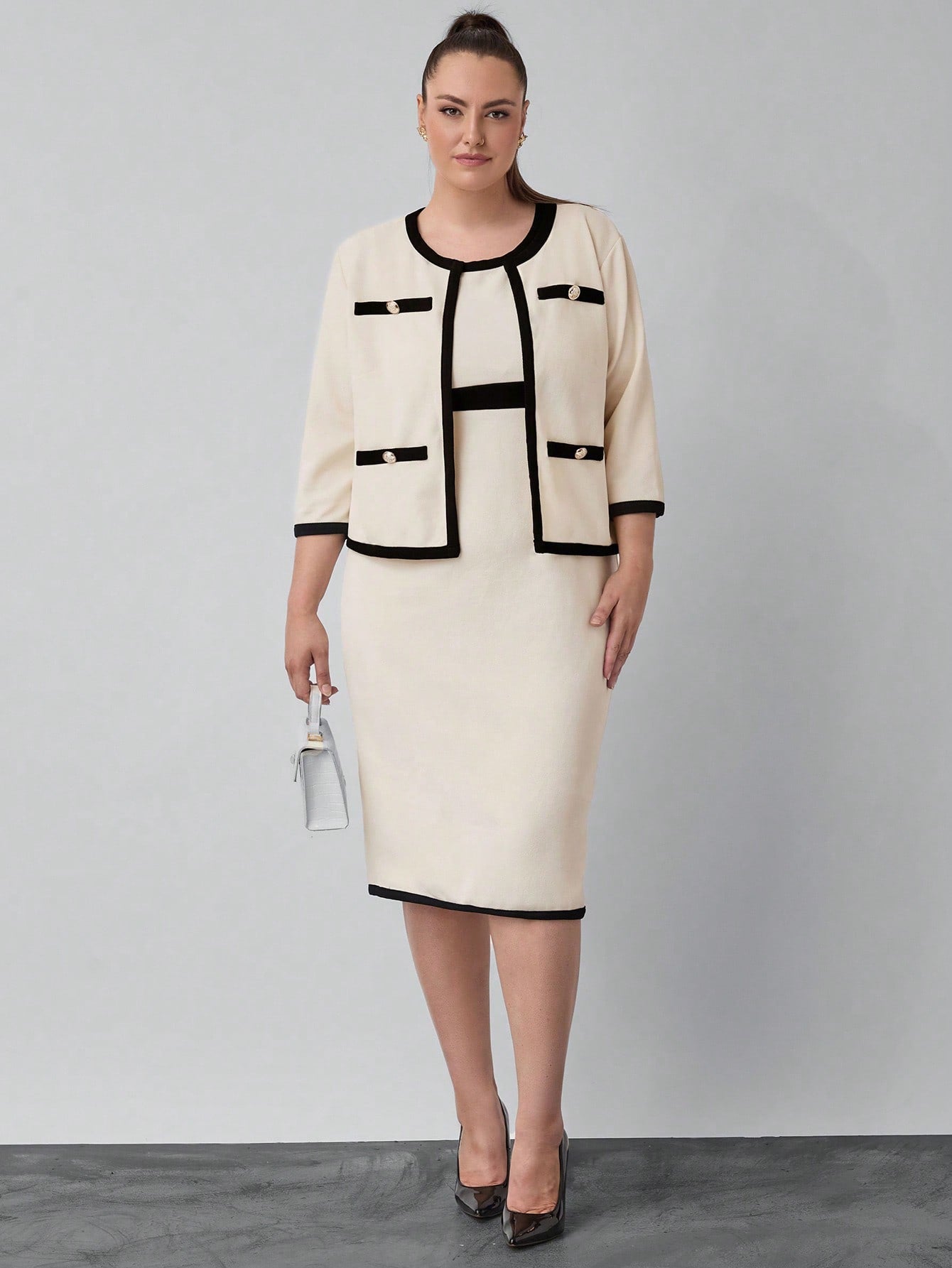 Clasi Apricot Crew Neck Casual Office Jacket, Sleeveless Bodycon Dress, Casual Office Teacher Plus Size 2pcs Set