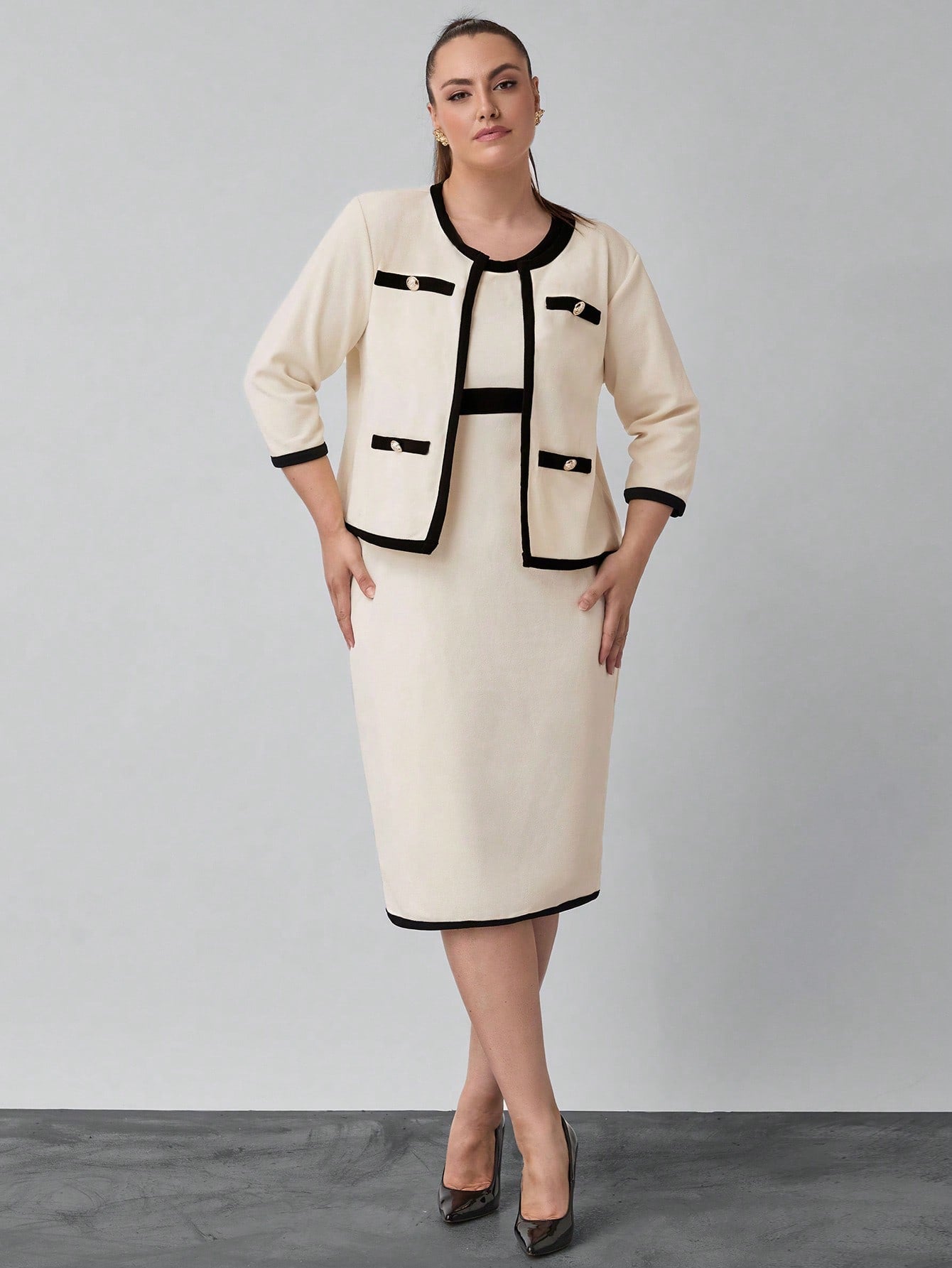 Clasi Apricot Crew Neck Casual Office Jacket, Sleeveless Bodycon Dress, Casual Office Teacher Plus Size 2pcs Set