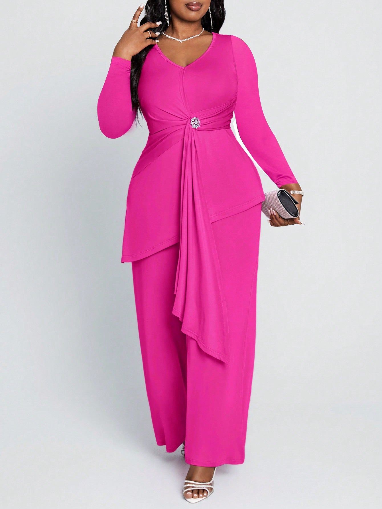 Lady Spring And SummerAutumn And Winter Elegant Casual Rose Red Knitted V Neck Flounce Rhinestone Long Sleeve Plus Size Co-Ords