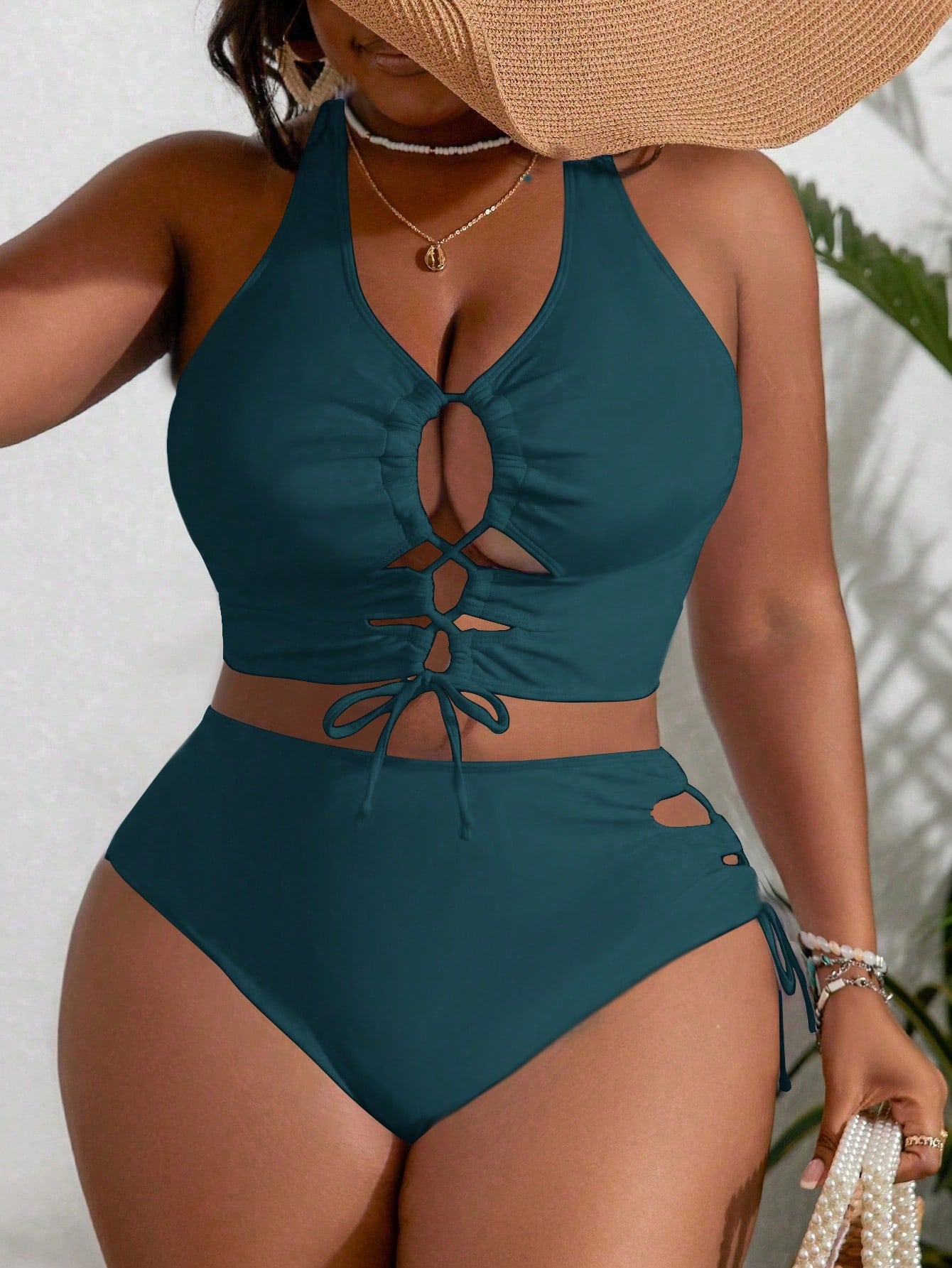 Plus Size Women Solid Color Criss Cross Strap Swimwear Set