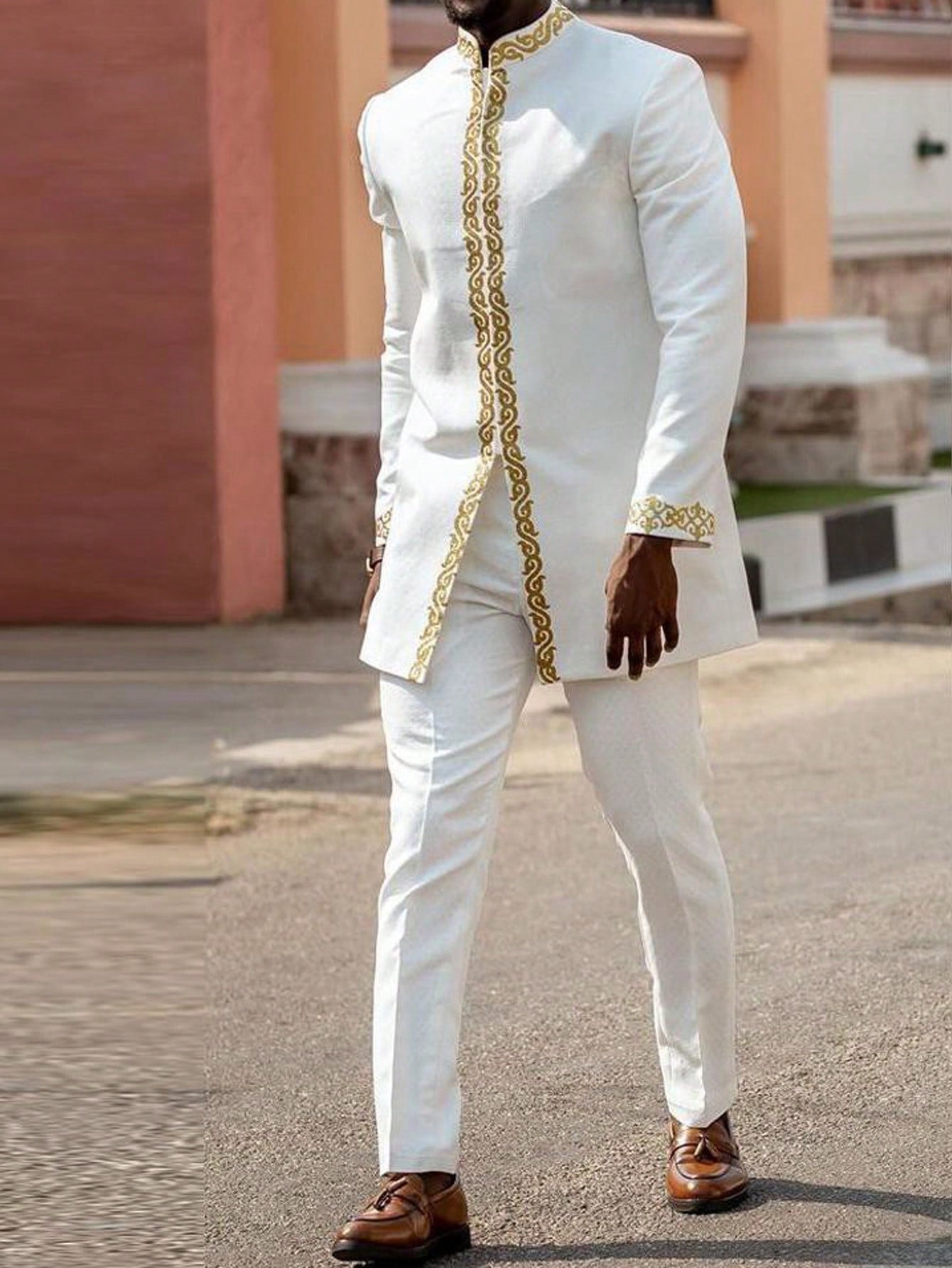 2024 New Men's 2 Piece Suit, Solid Color Round Neck Embroidered Long Sleeve Suit Jacket & Pants, African  Wedding Suit