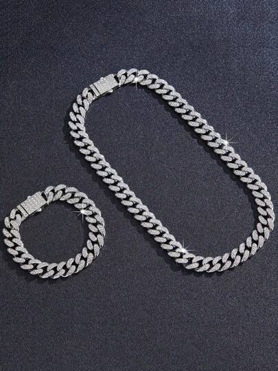 kuuioe 2pcs/Set Trendy Chain Necklace Plus Bracelet Punk Style Hip Hop Jewelry Set Suitable For Men And Women Perfect Decor For Cool Friends Unisex Jewelry