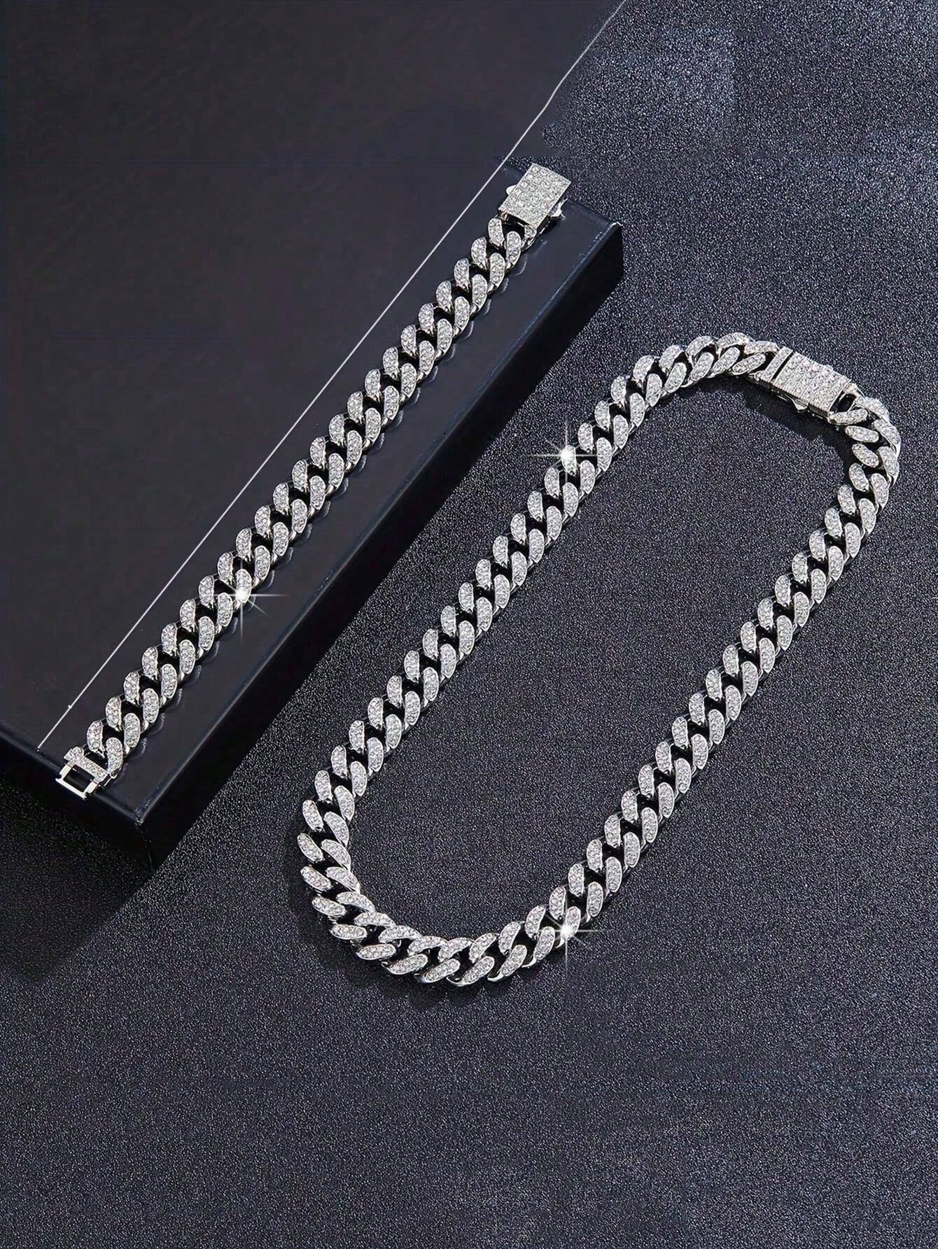 kuuioe 2pcs/Set Trendy Chain Necklace Plus Bracelet Punk Style Hip Hop Jewelry Set Suitable For Men And Women Perfect Decor For Cool Friends Unisex Jewelry