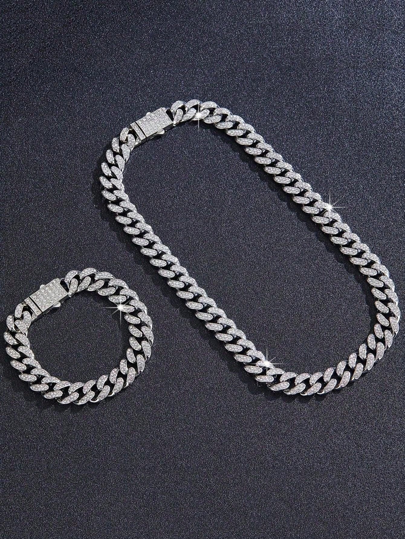 kuuioe 2pcs/Set Trendy Chain Necklace Plus Bracelet Punk Style Hip Hop Jewelry Set Suitable For Men And Women Perfect Decor For Cool Friends Unisex Jewelry