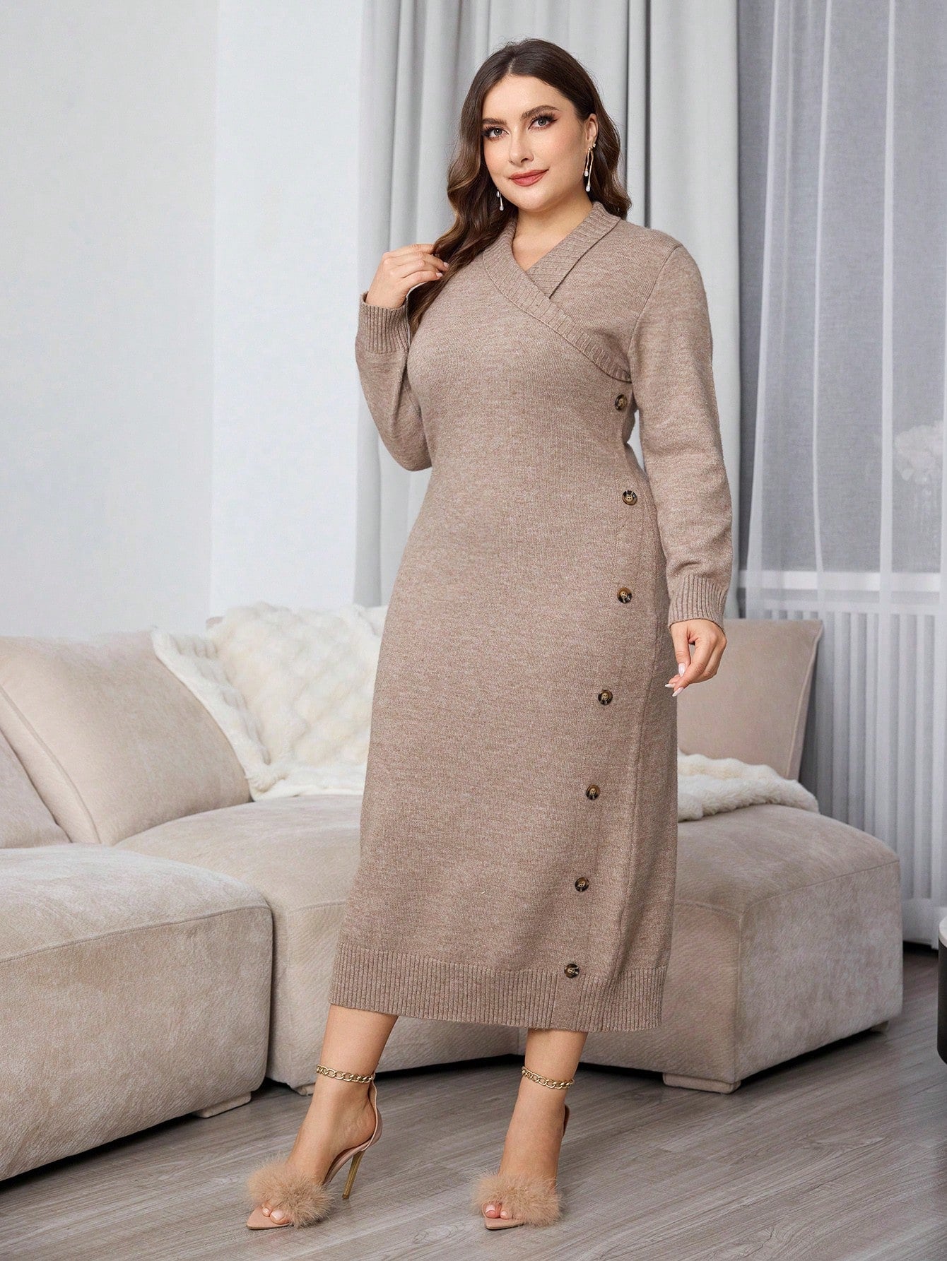 Plus Size Casual Wrap Around Long Sleeve Knitted Fitted Sweater Dress For Autumn/Winter