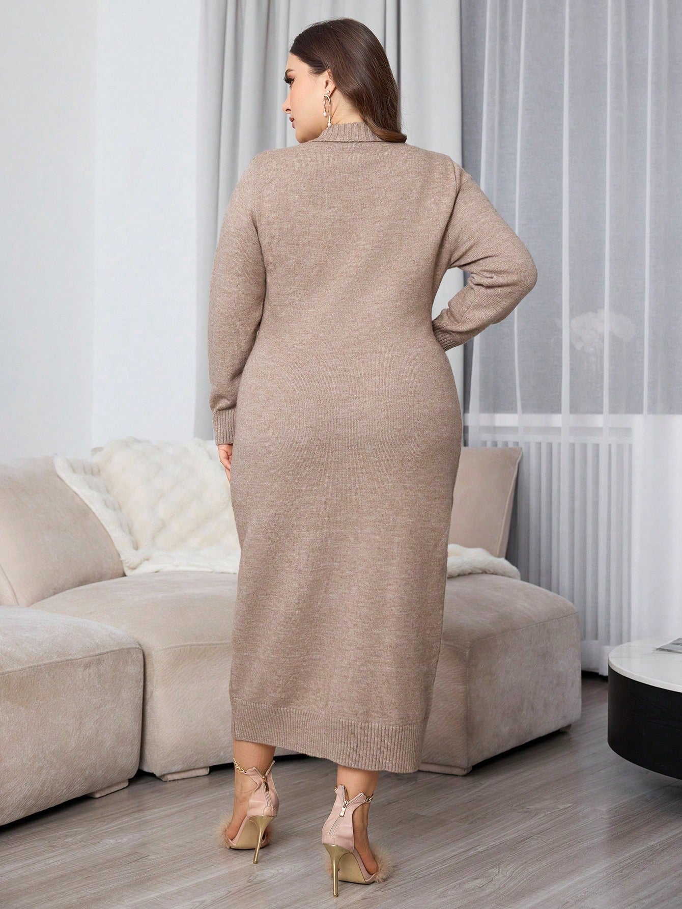 Plus Size Casual Wrap Around Long Sleeve Knitted Fitted Sweater Dress For Autumn/Winter