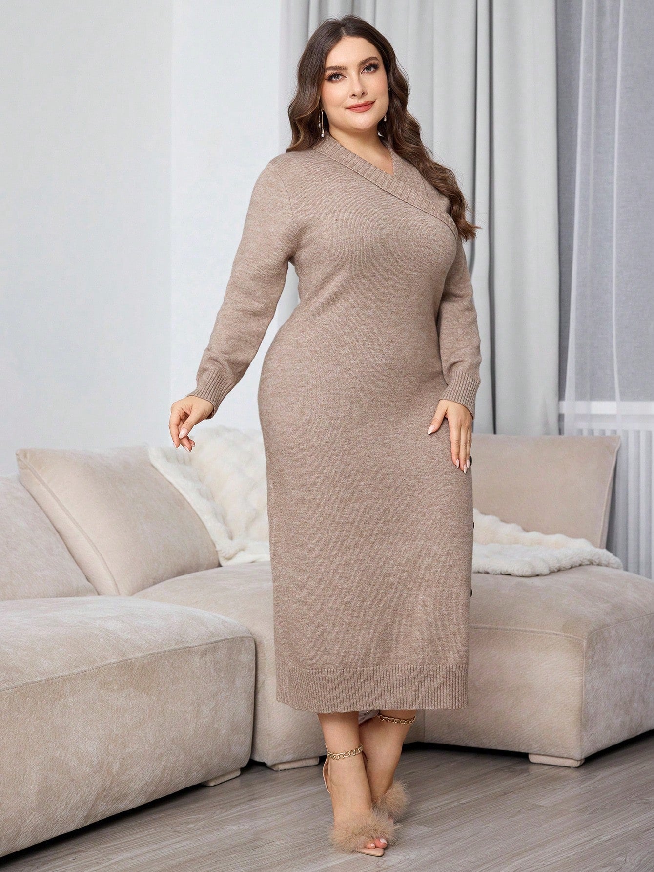 Plus Size Casual Wrap Around Long Sleeve Knitted Fitted Sweater Dress For Autumn/Winter