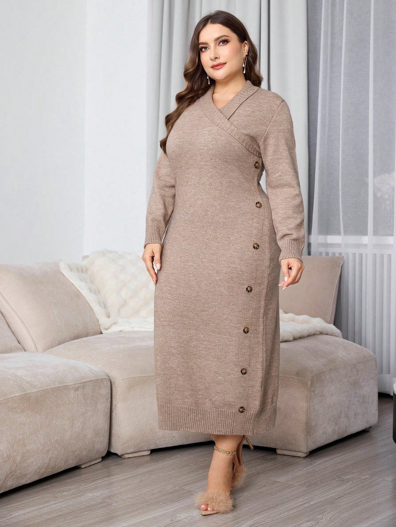 Plus Size Casual Wrap Around Long Sleeve Knitted Fitted Sweater Dress For Autumn/Winter