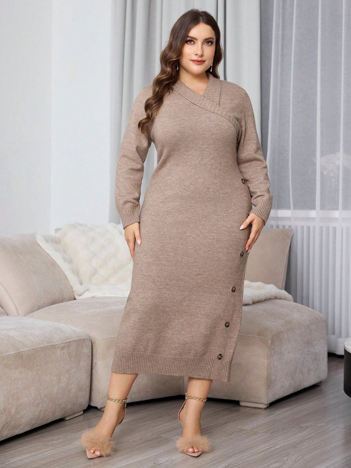 Plus Size Casual Wrap Around Long Sleeve Knitted Fitted Sweater Dress For Autumn/Winter