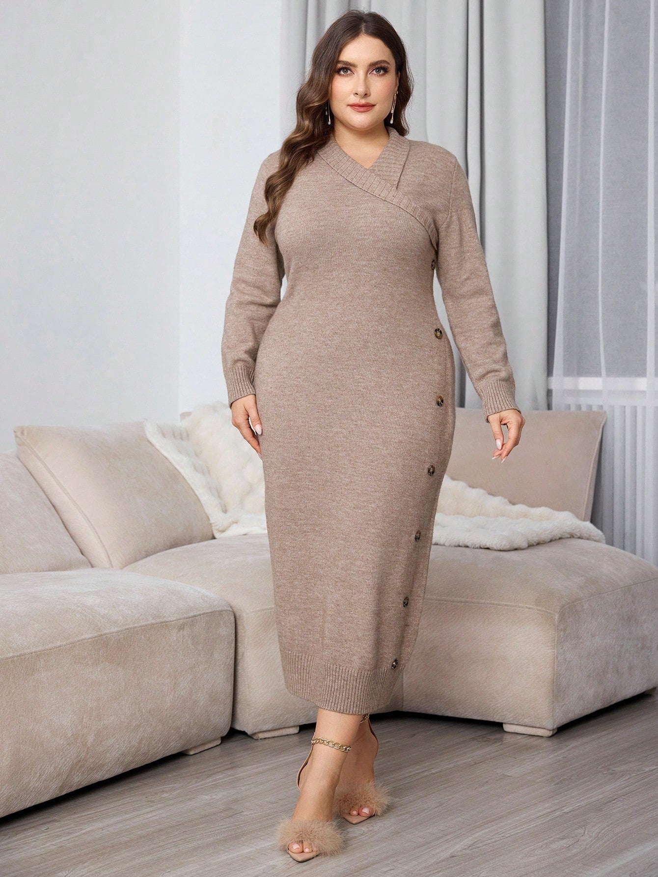 Plus Size Casual Wrap Around Long Sleeve Knitted Fitted Sweater Dress For Autumn/Winter