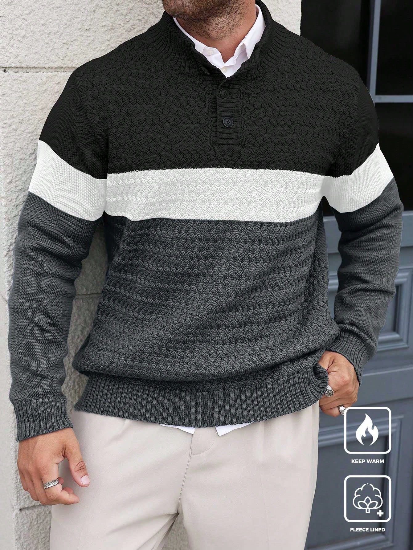 Manfinity Homme Plus Size Men Contrast-Color Button Casual Knit Sweater