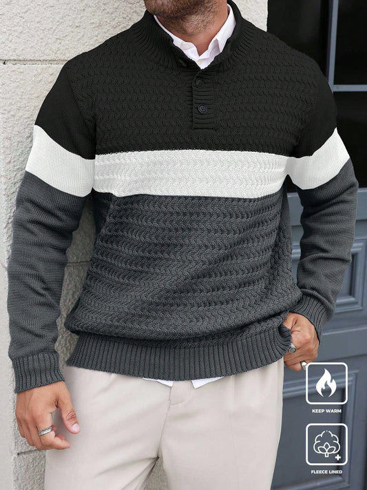 Manfinity Homme Plus Size Men Contrast-Color Button Casual Knit Sweater
