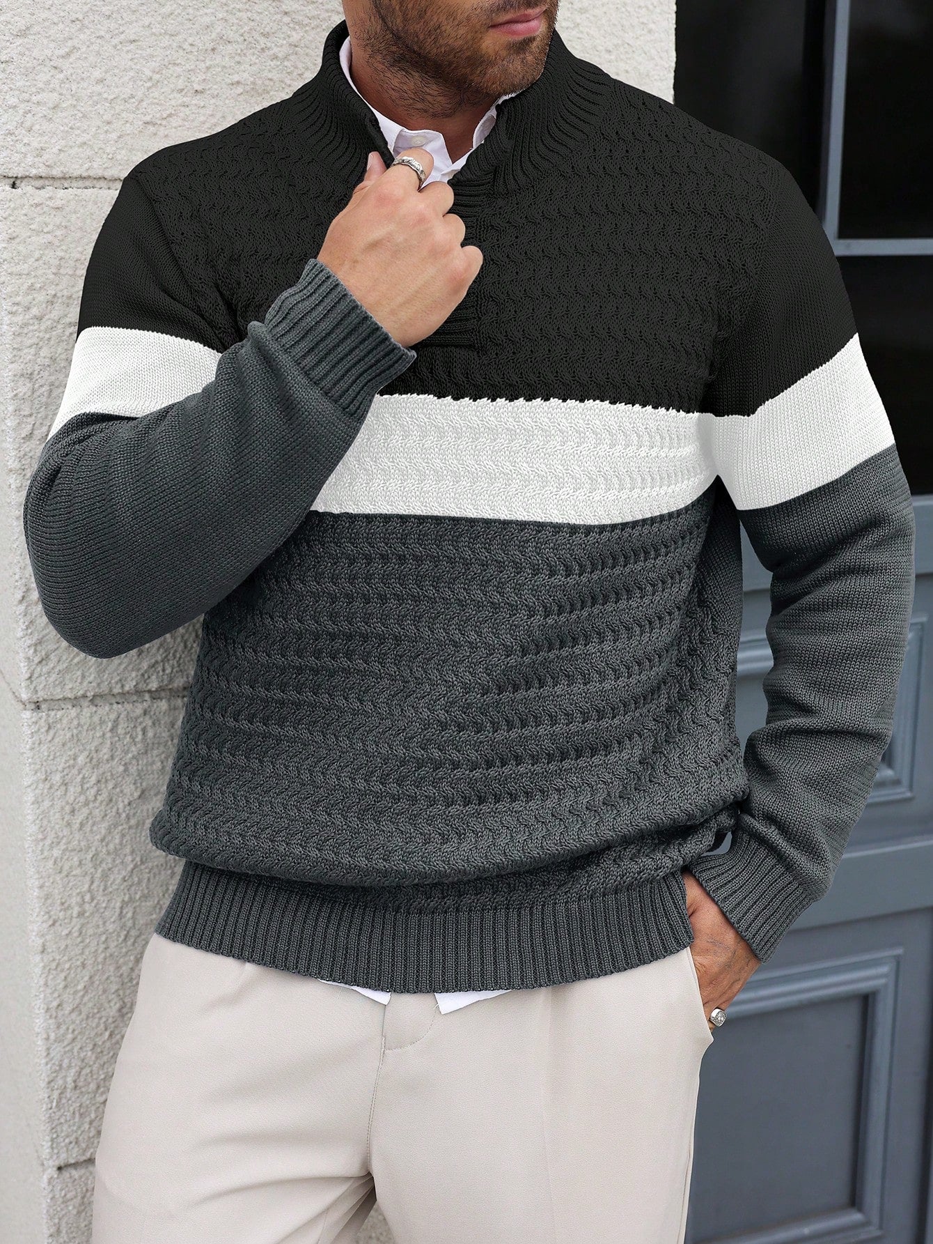 Manfinity Homme Plus Size Men Contrast-Color Button Casual Knit Sweater