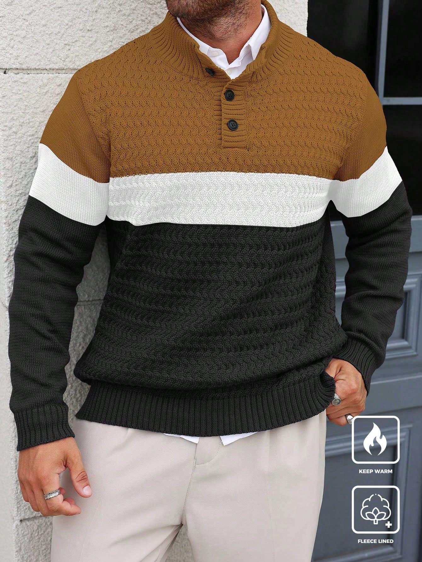 Manfinity Homme Plus Size Men Contrast-Color Button Casual Knit Sweater