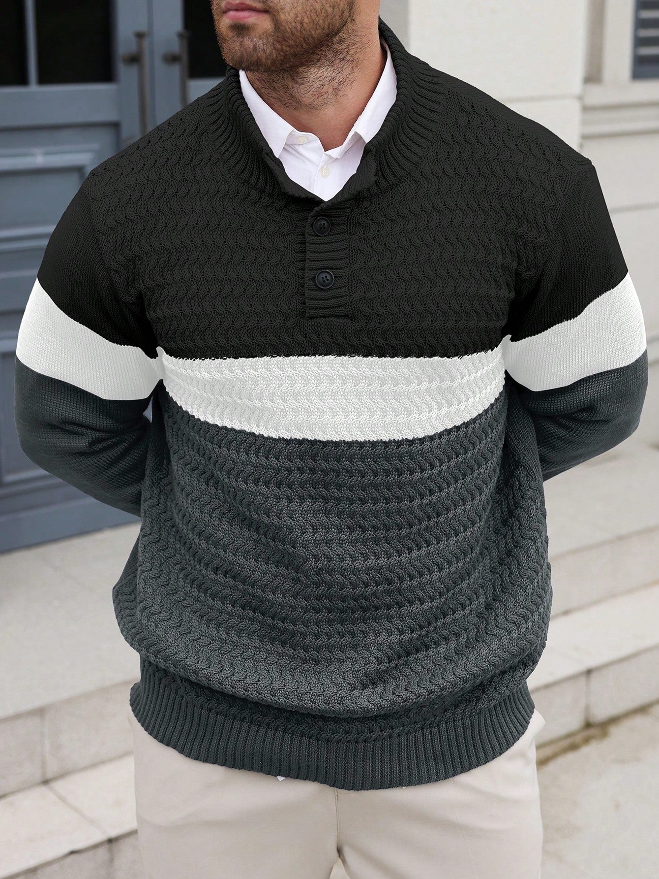 Manfinity Homme Plus Size Men Contrast-Color Button Casual Knit Sweater