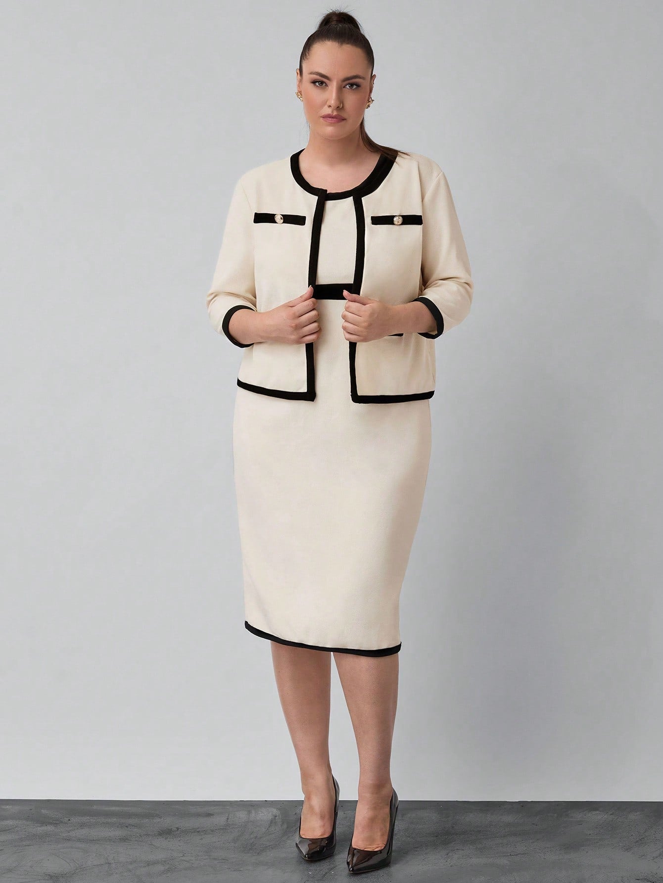 Clasi Apricot Crew Neck Casual Office Jacket, Sleeveless Bodycon Dress, Casual Office Teacher Plus Size 2pcs Set