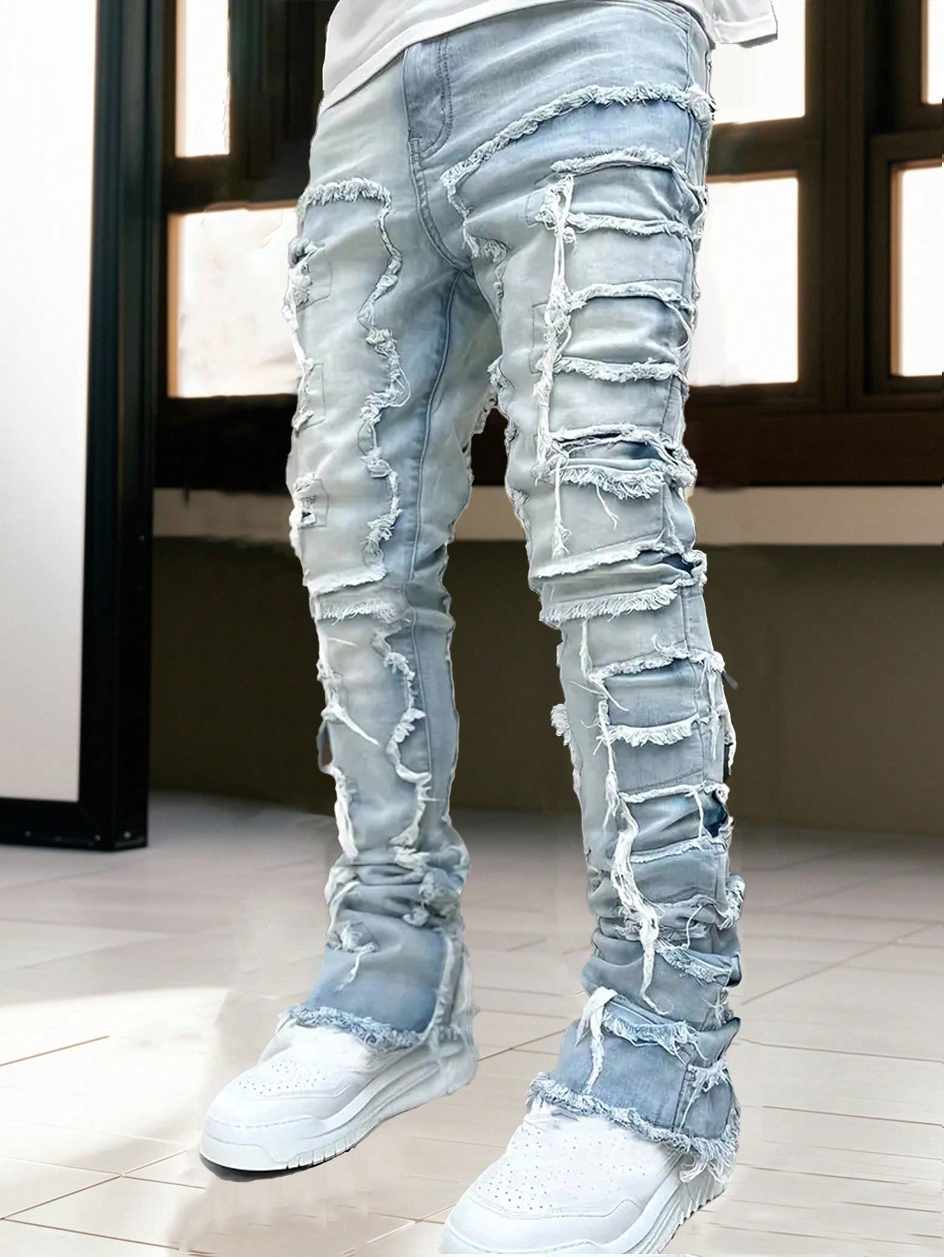 Men's Plus Size Solid Black Creative Tassel Denim Pants